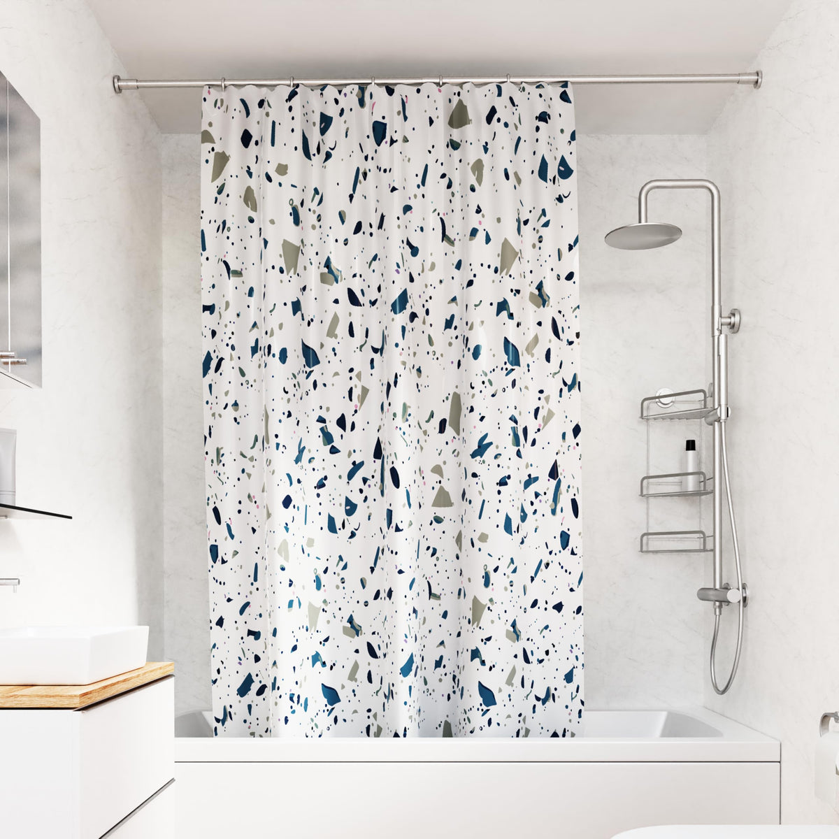 Croydex Shower Curtain with Blue Terrazzo Design - 100% Polyester with a Weighted Hem, Machine Washable and coated with Proseal for Water Repellence,