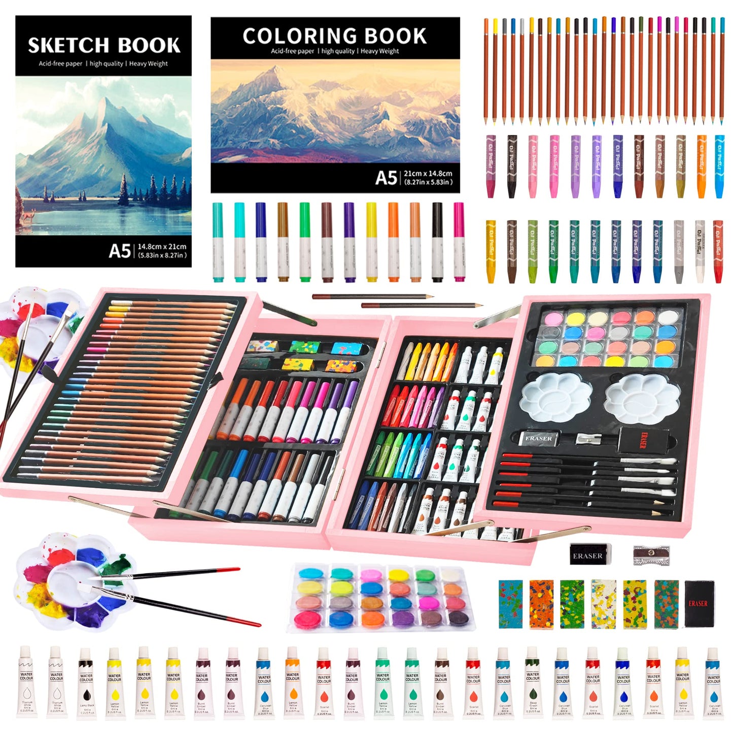 KINSPORY 139 PCS Art Set for Kids, Deluxe Painting Drawing Art Supplies Case Gift for Teens Boys Girls 4 5 6 7 8 9 10 11 12 (Rose Pink)