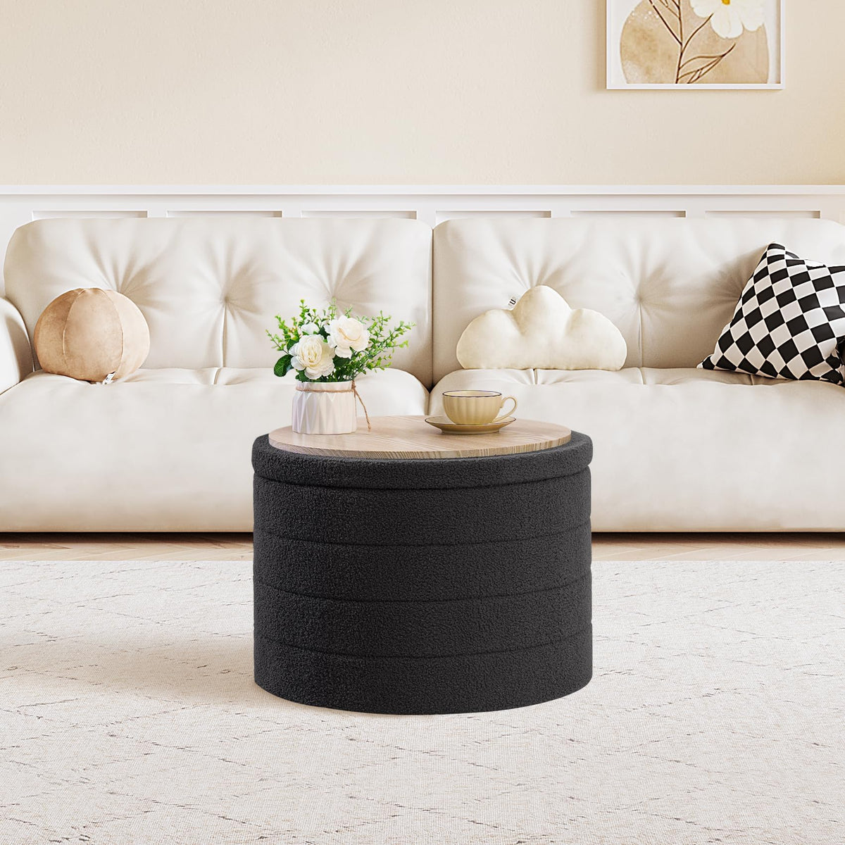 PINPLUS Round Ottoman Storage, Convertible Table, Dark Grey, 56x56x40 cm