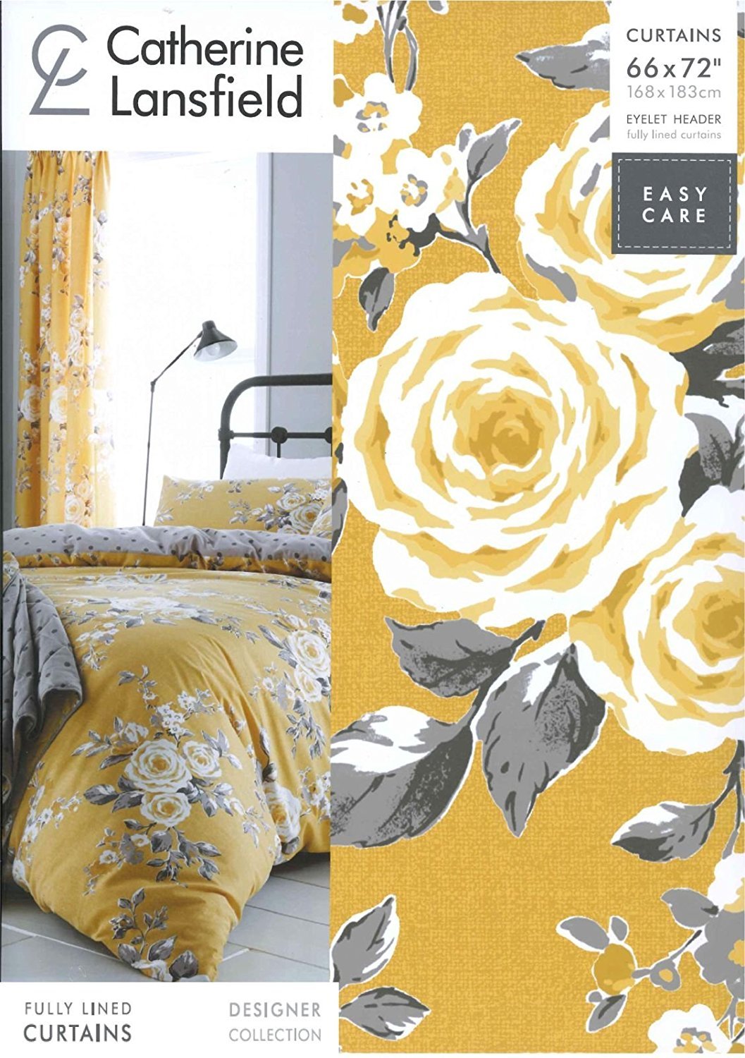Catherine Lansfield Canterbury Floral 66x72 Inch Lined Eyelet Curtains Two Panels Ochre Yellow
