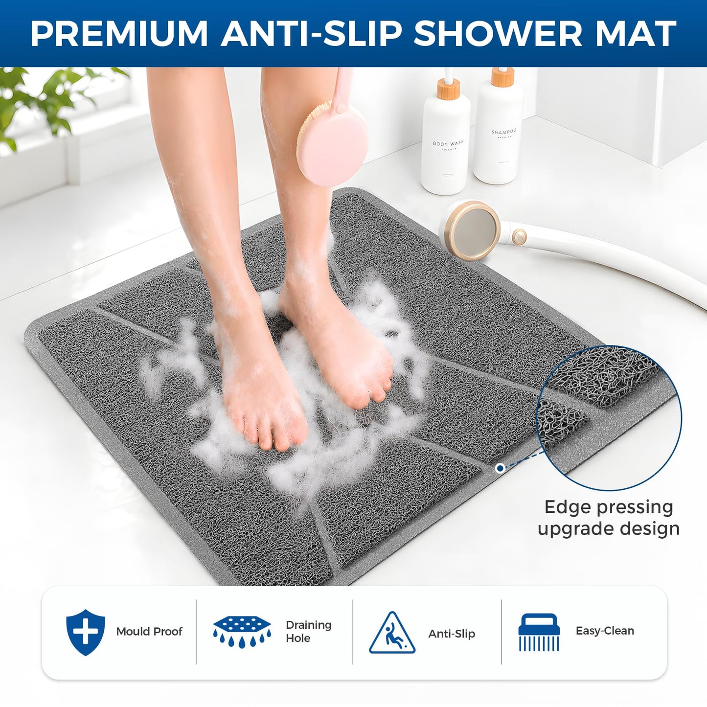 XIYUNTE Square Shower Mat Non Slip Anti Mould, Bath Mat with Heat-Pressed Edging 60x60cm, INCL. Hooks for Drying