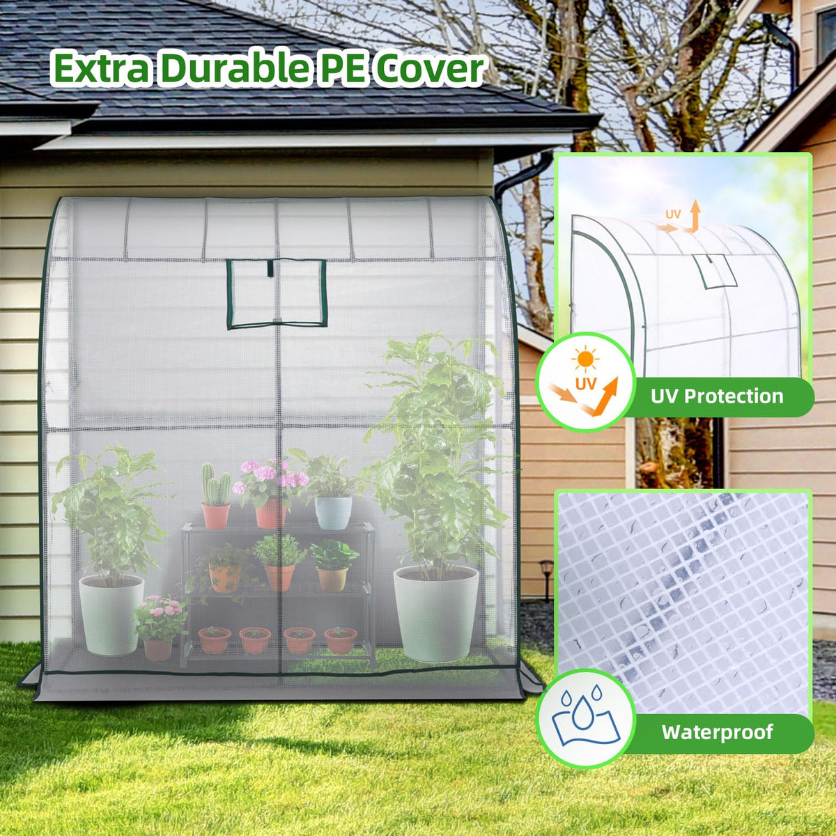 Lean to Greenhouse with Greenhouse Shelving: Ohuhu Portable Walk-in Green House with Mesh Windows 200x100x210 cm Reinforced Lean-to Wall Greenhouses