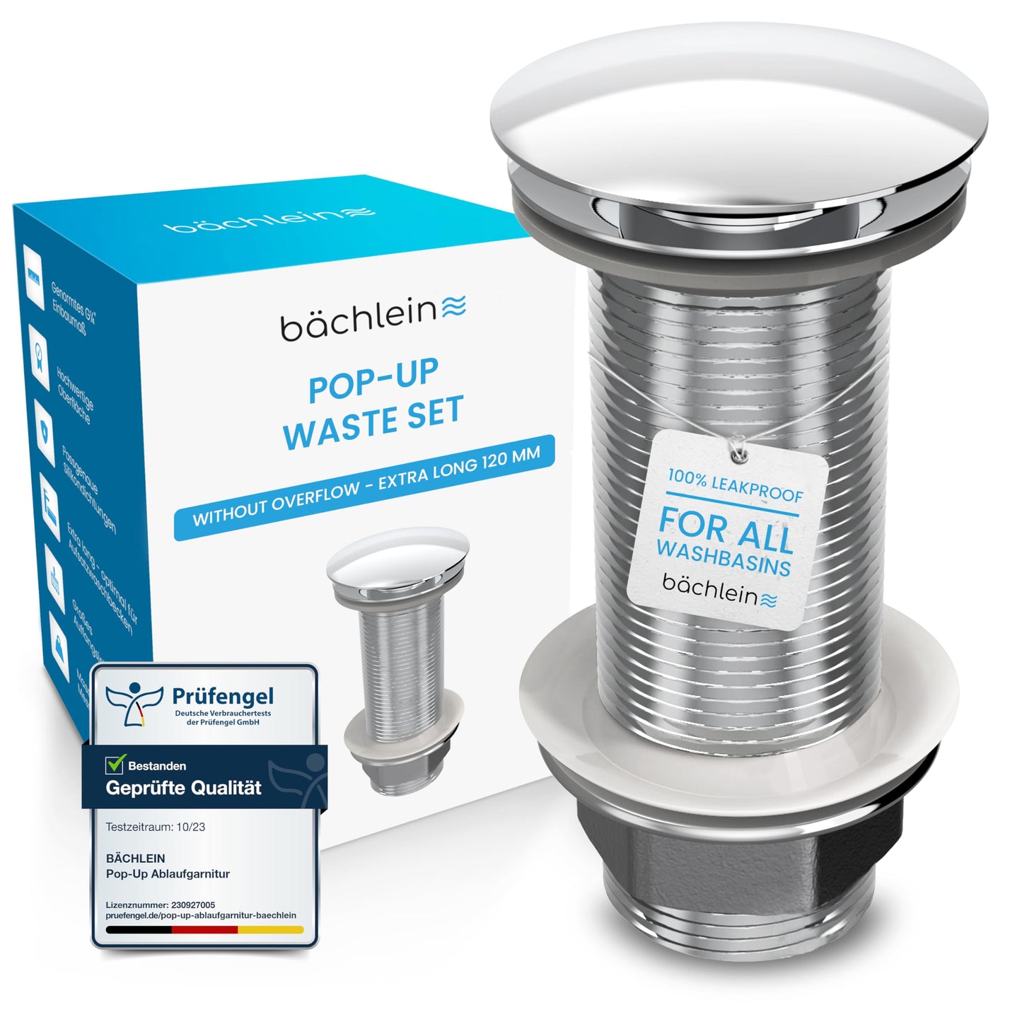 B?chlein Universal Extra Long Drain without Overflow (Chrome) Pop Up Valve for Countertop Basin