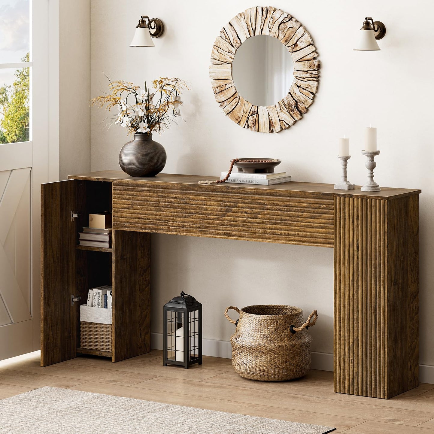 Mossora 155cm Brown Fluted Narrow Console Table with Storage Cabinets