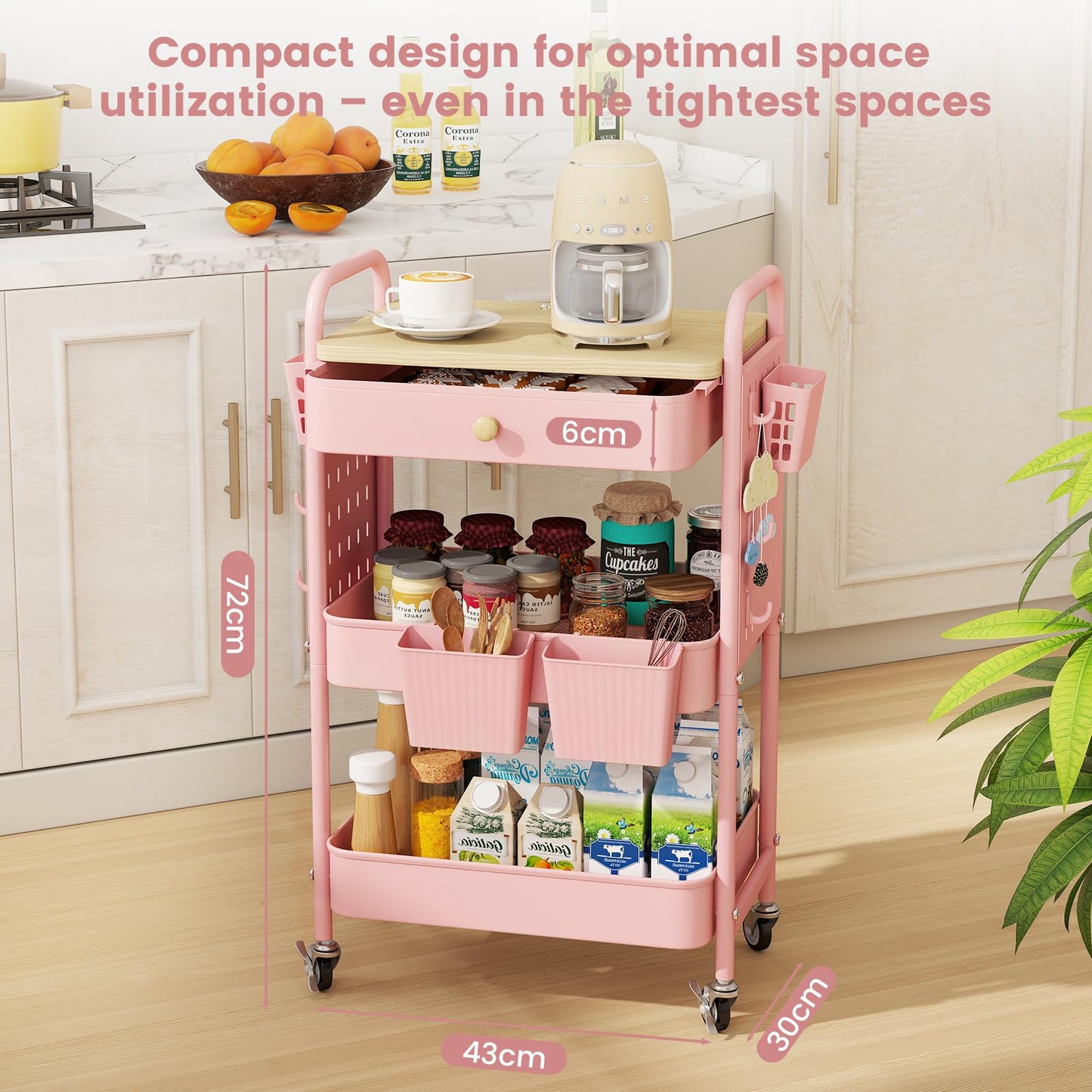 danpinera 3 Tier storage trolley, Metal storage cart with DIY Pegboard & Drawer, storage trolley on wheels with Hooks & Hanging Cups for Living Room