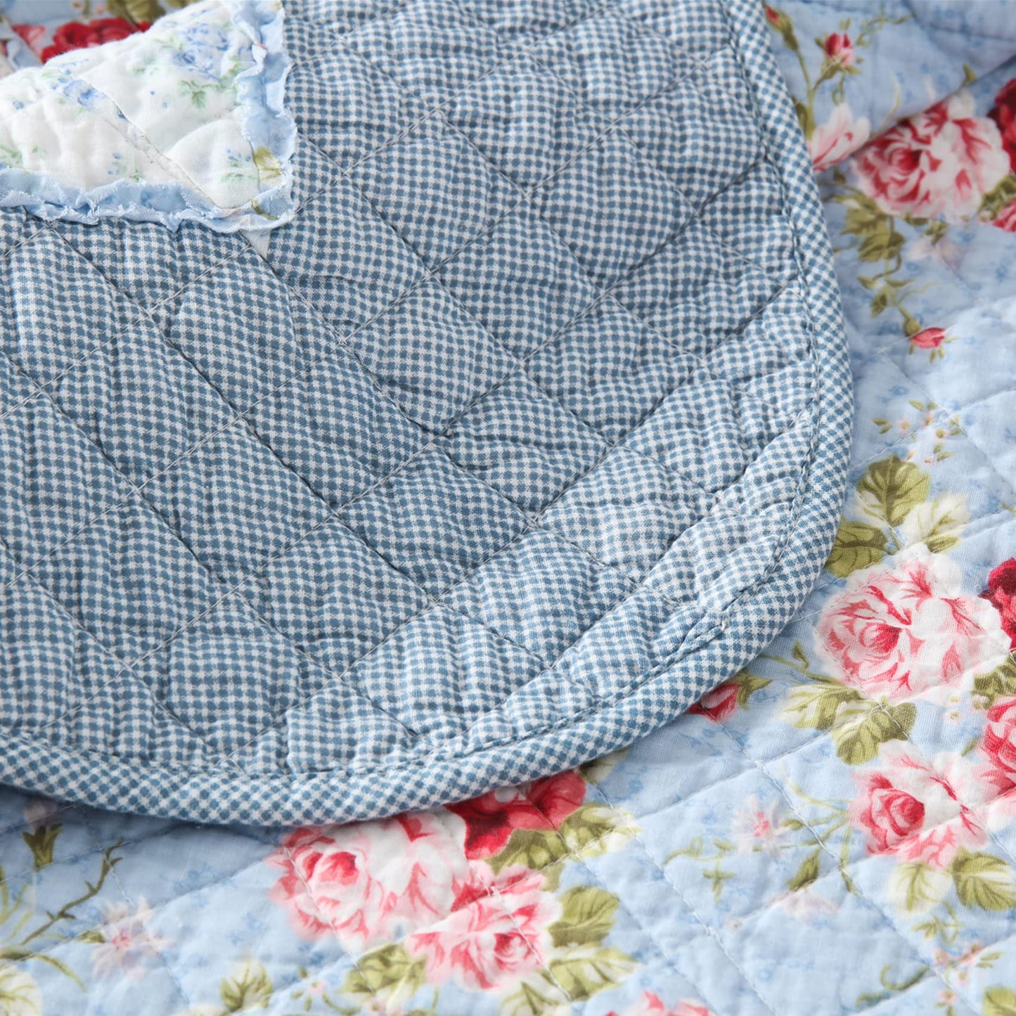 Qucover Single Bedspread Quilted Soft Cotton Blue Floral Patchwork Quilts, Quilted Blanket 150x200 cm