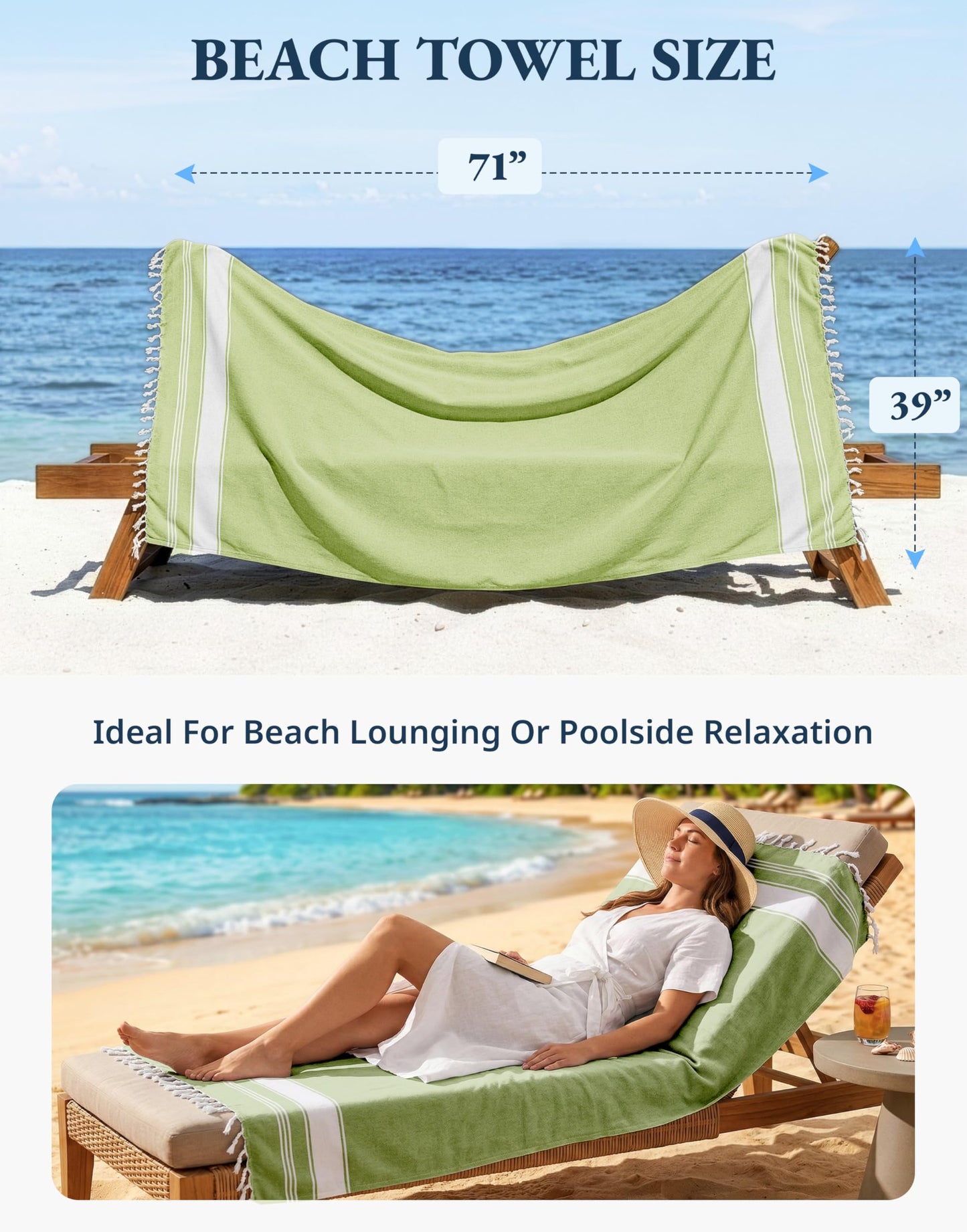 LANE LINEN Turkish Beach Towel 2 Pack, Oversized Towels 39"x71", Cotton Rich Lightweight Beach essentials For Women, Large Pool Towel