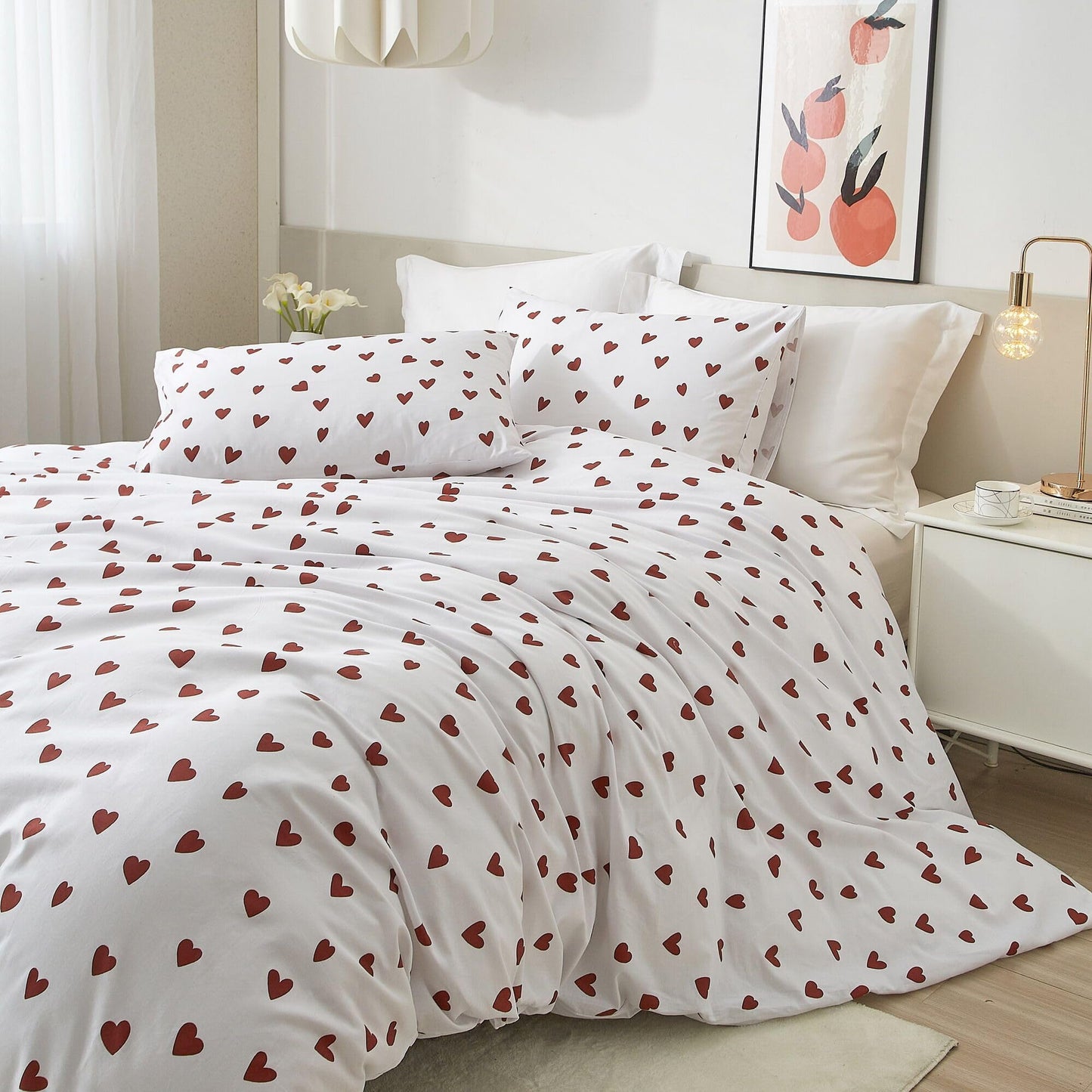 Ruccit Red Heart Duvet Cover Set Double 100% Cotton White Duvet Cover Lovely Heart Pattern 3pcs Modern Bedding Set with Zipper Closure Corner