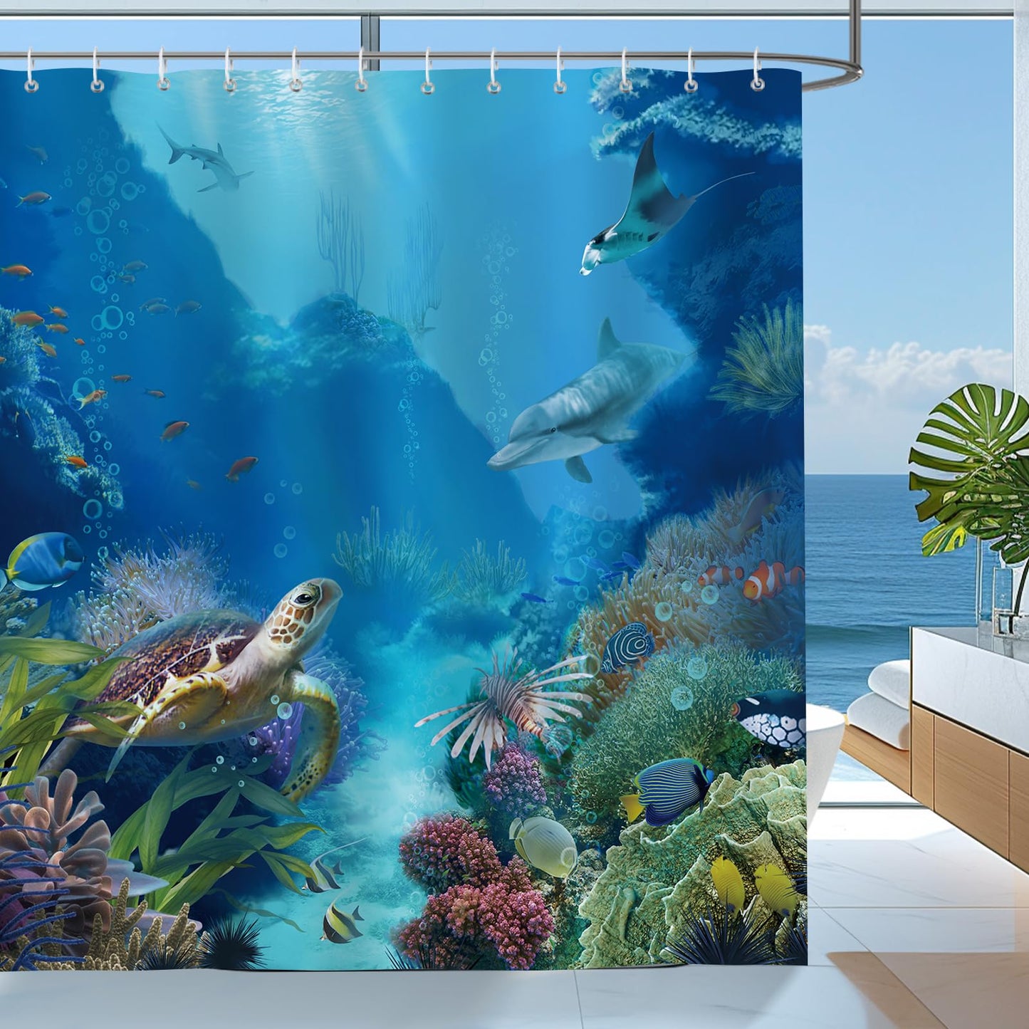 Bonhause Underwater World Shower Curtain Blue Ocean Tropical Fish Turtle Dolphin Bathroom Curtain 180 x 180 cm Waterproof Mildew & Mould Resistant