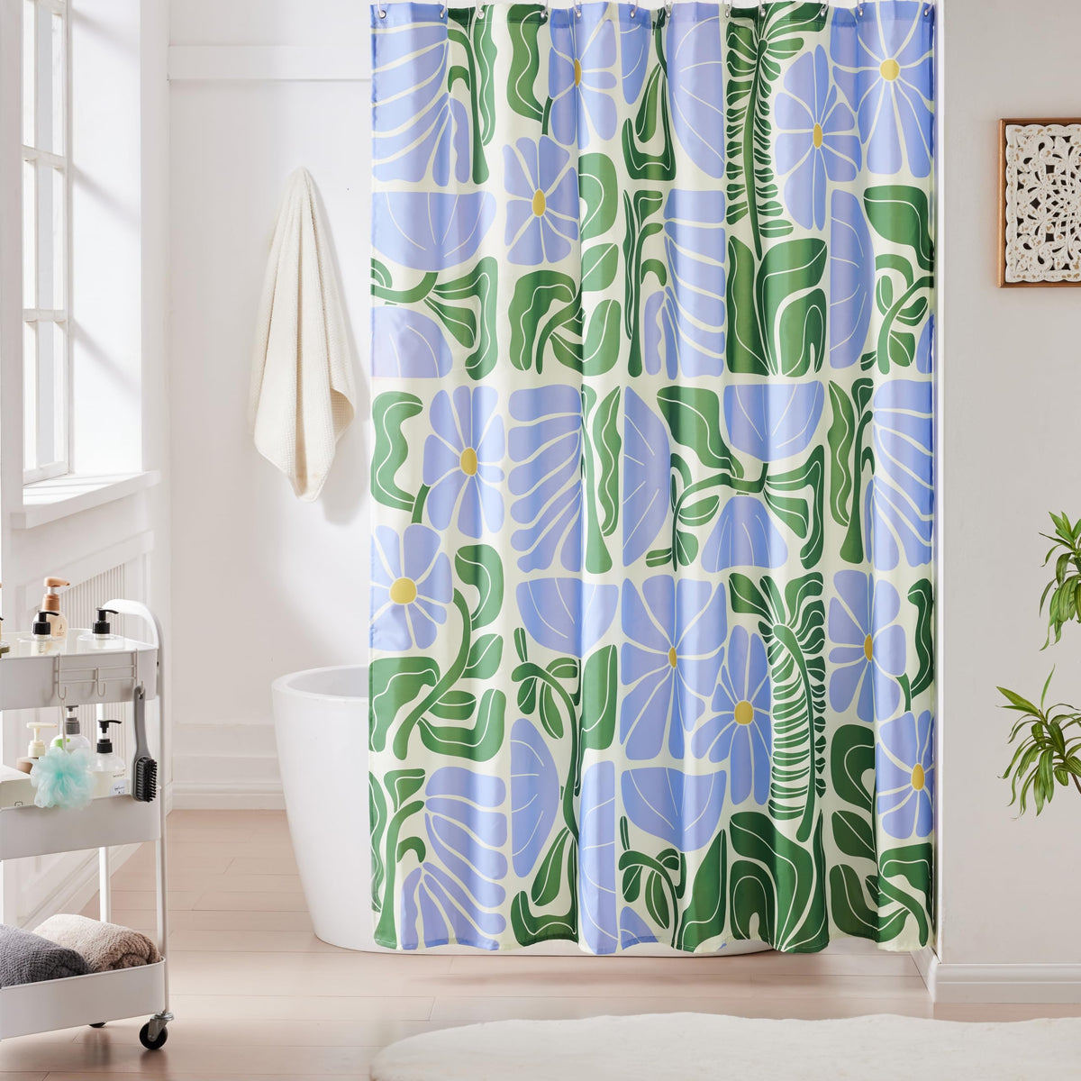 Ohocut Mid Century Modern Abstract Geometric Boho Shower Curtains for Bathroom, Cute Blue and Green Floral Bathroom Shower Curtain, Vintage Bath