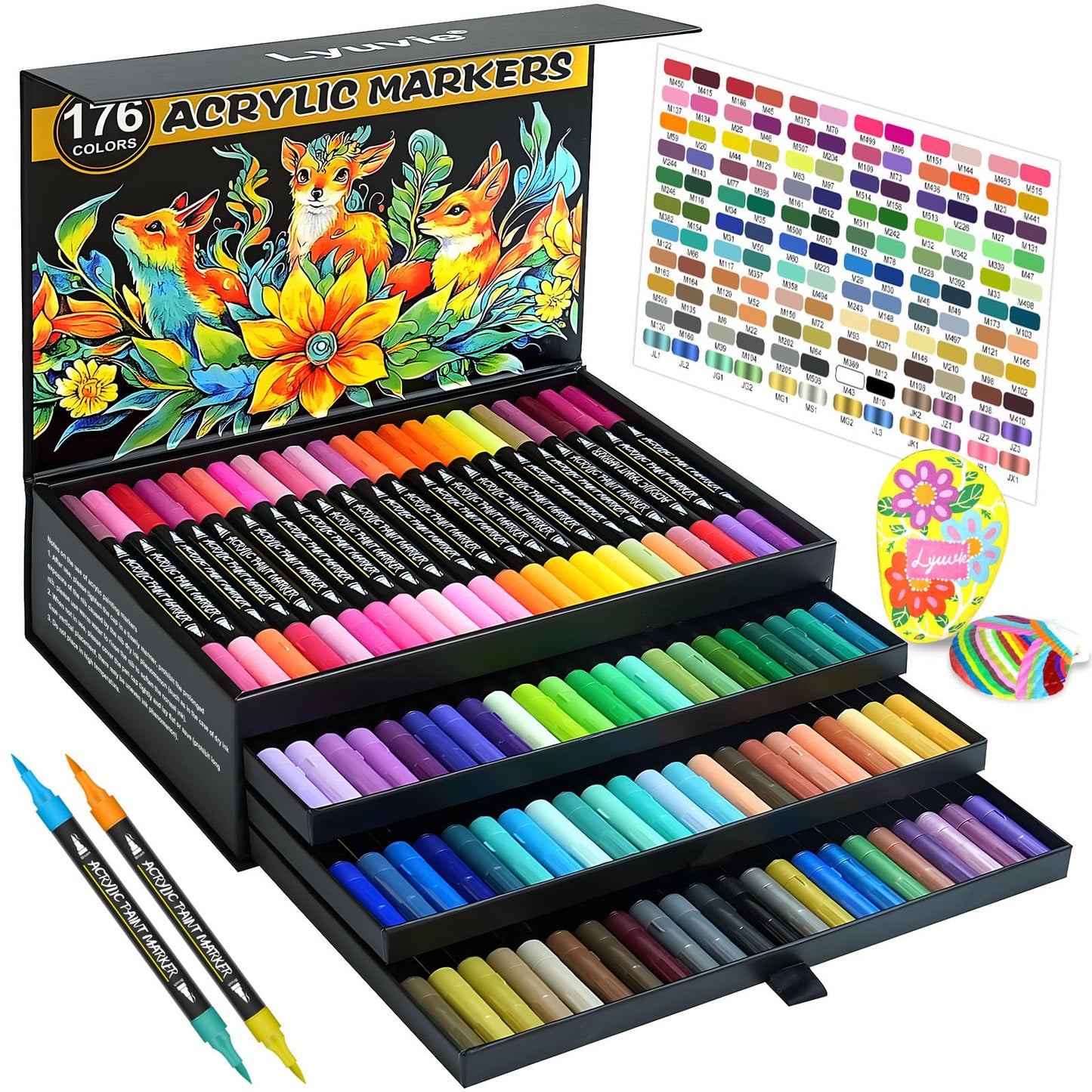 Lyuvie 176 Colours Acrylic Paint Markers,88 Pack Acrylic Paint Brush Tip Pens for Rock Fabric Stone Wood Glass Plastic Paper
