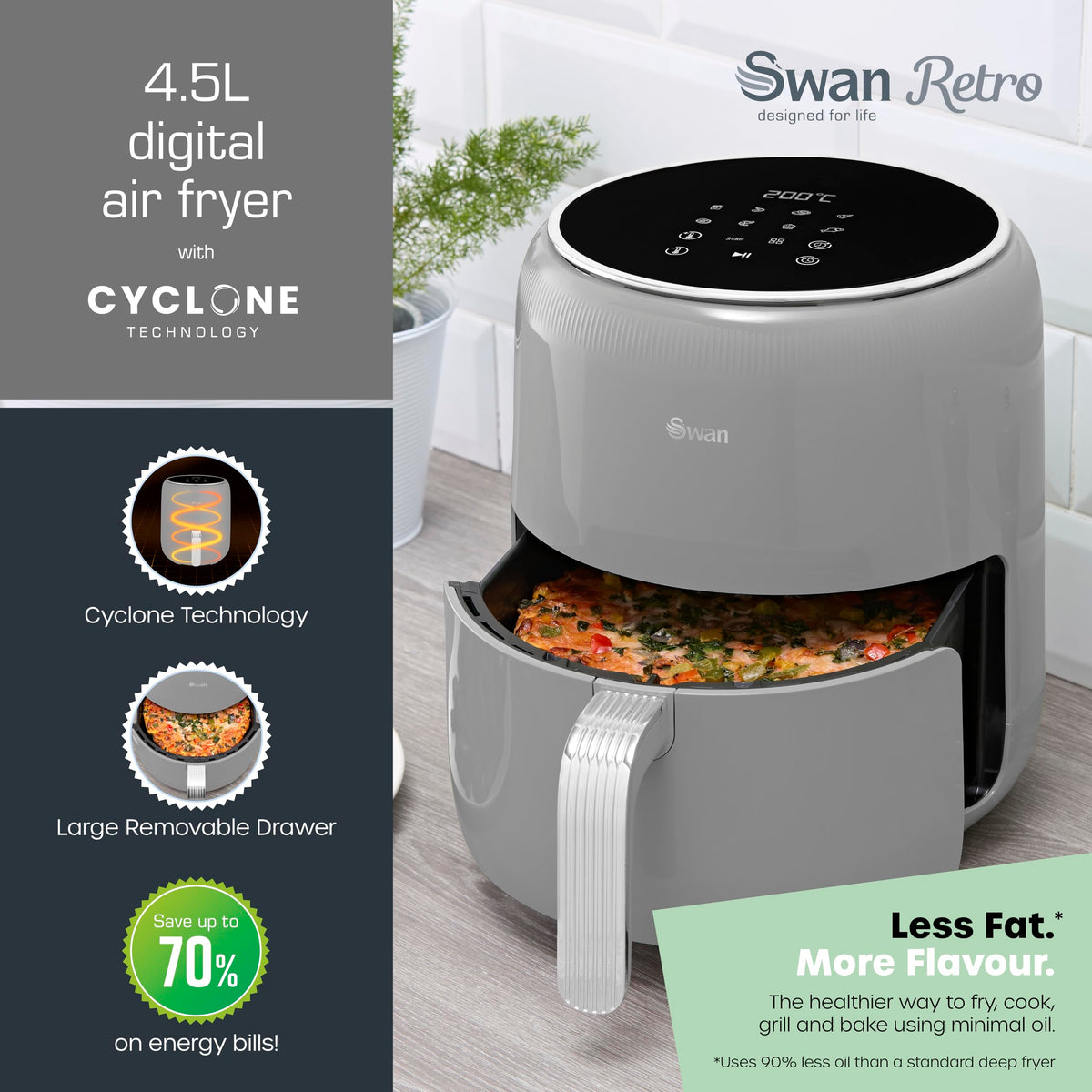 Swan SD10513GRY Retro Digital Air Fryer with Swan Cyclone Technology, 8 Pre-Set Cooking Options, Adjustable Temperature, 4.5L 1500W, Grey