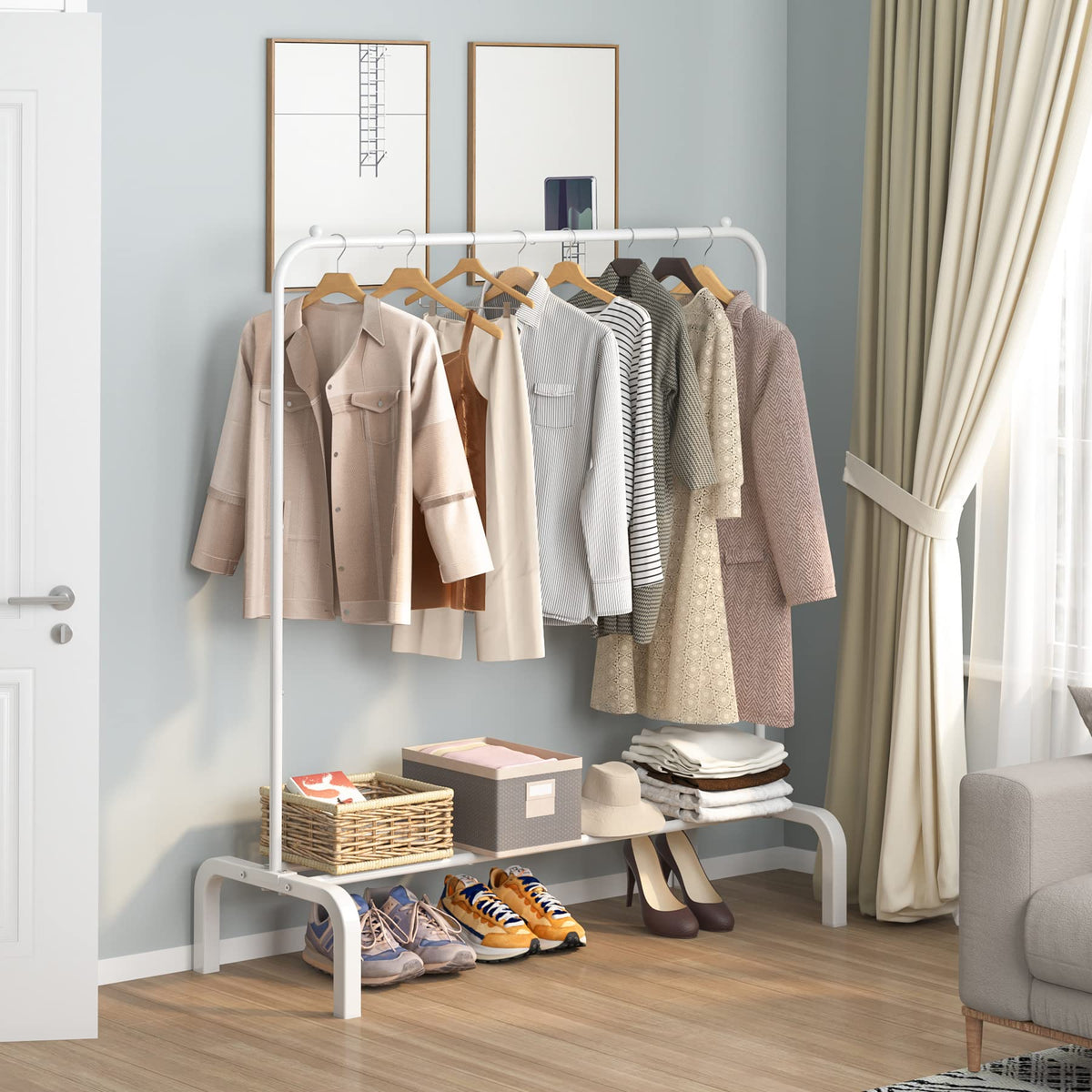 OTROUWORHT BYUAIRY Clothes Rack Metal Clothing Rack with Bottom Shelf Garment Rack for Hanging Clothes Shirts Jeans and Coats White