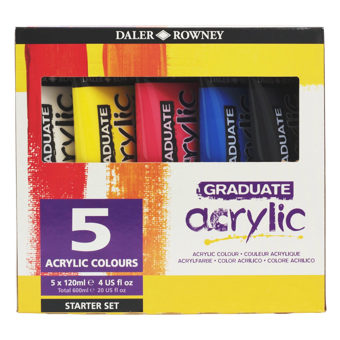 Daler-Rowney Graduate 120ml Acrylic Paint Starter Set, 5 Assorted Colours, High Lightfastness, Water-Based, Solvent-Free, Ideal for Student Artists &