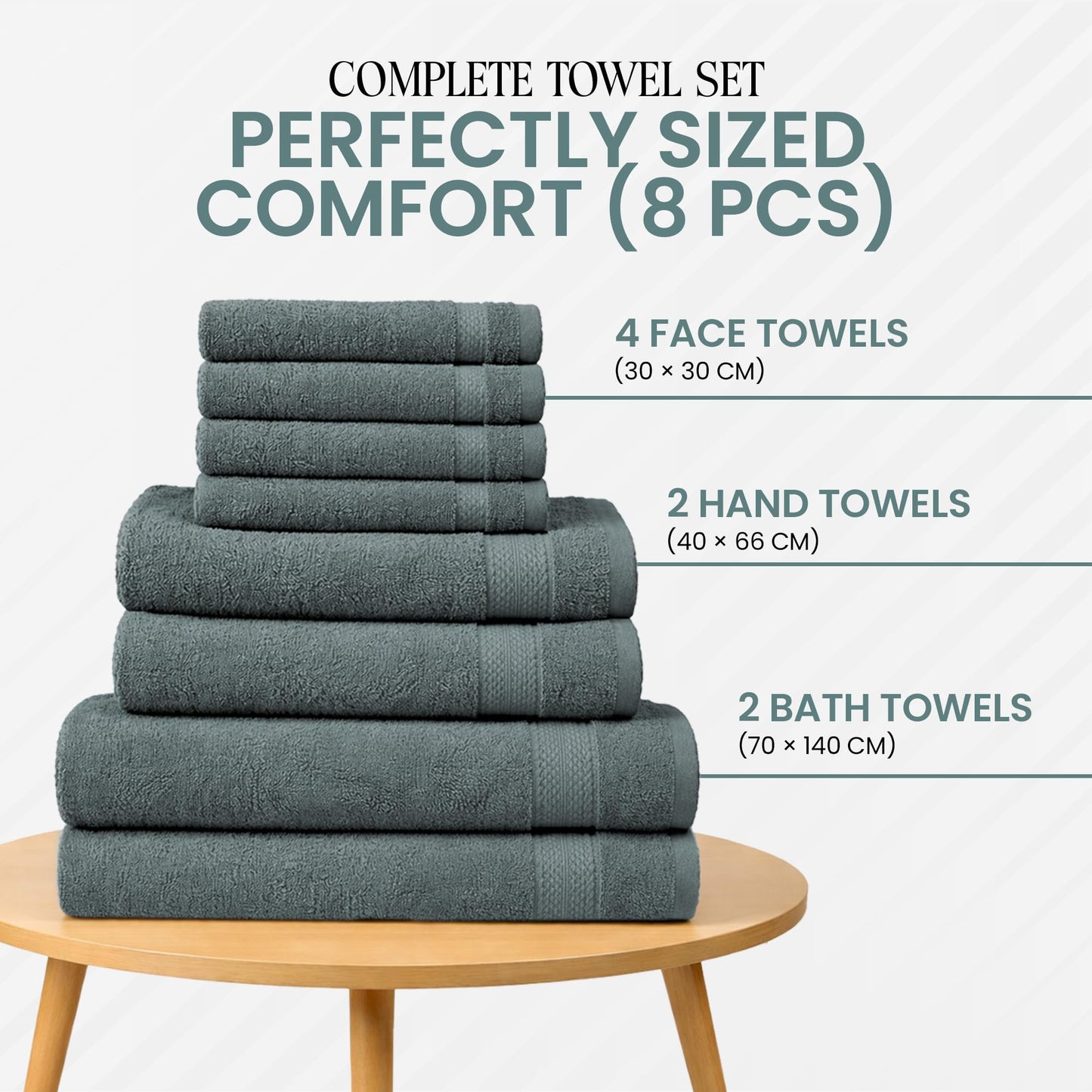 RAYMSTER 8 Piece Egyptian Cotton Towel Set - 2 Bath, 4 Face, & 2 Hand Towels Set for Daily Use - Soft, Highly Absorbent, Quick Dry, and Lightweight