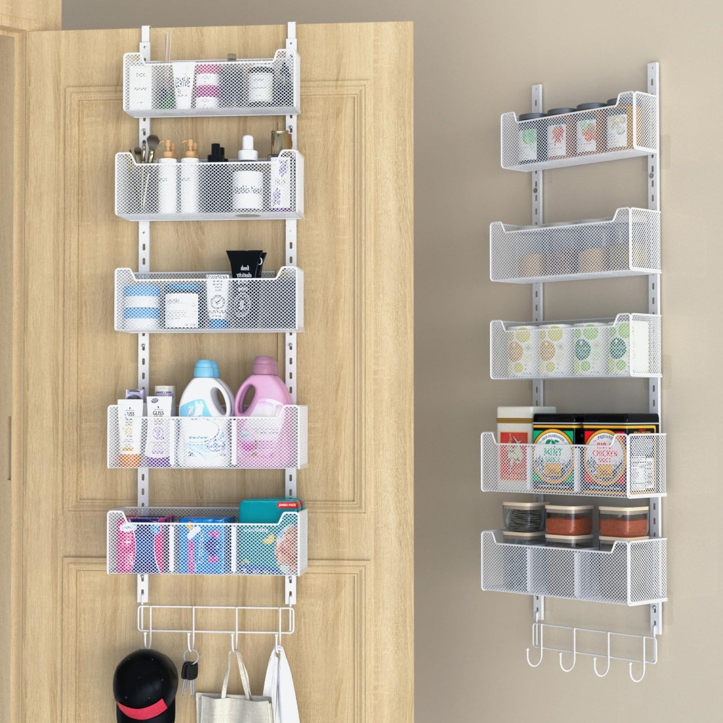 VyGrow Over The Door Storage, Metal Door Organiser Hanging with 5 Adjustable Baskets and Coat Hook