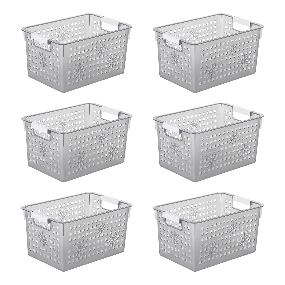 Cetomo Plastic Storage Box, Storage Baskets with Handle, Shelf Basket Organizer with Hole, Open Top Storage Bin for Home Kitchen Office, Clear Black