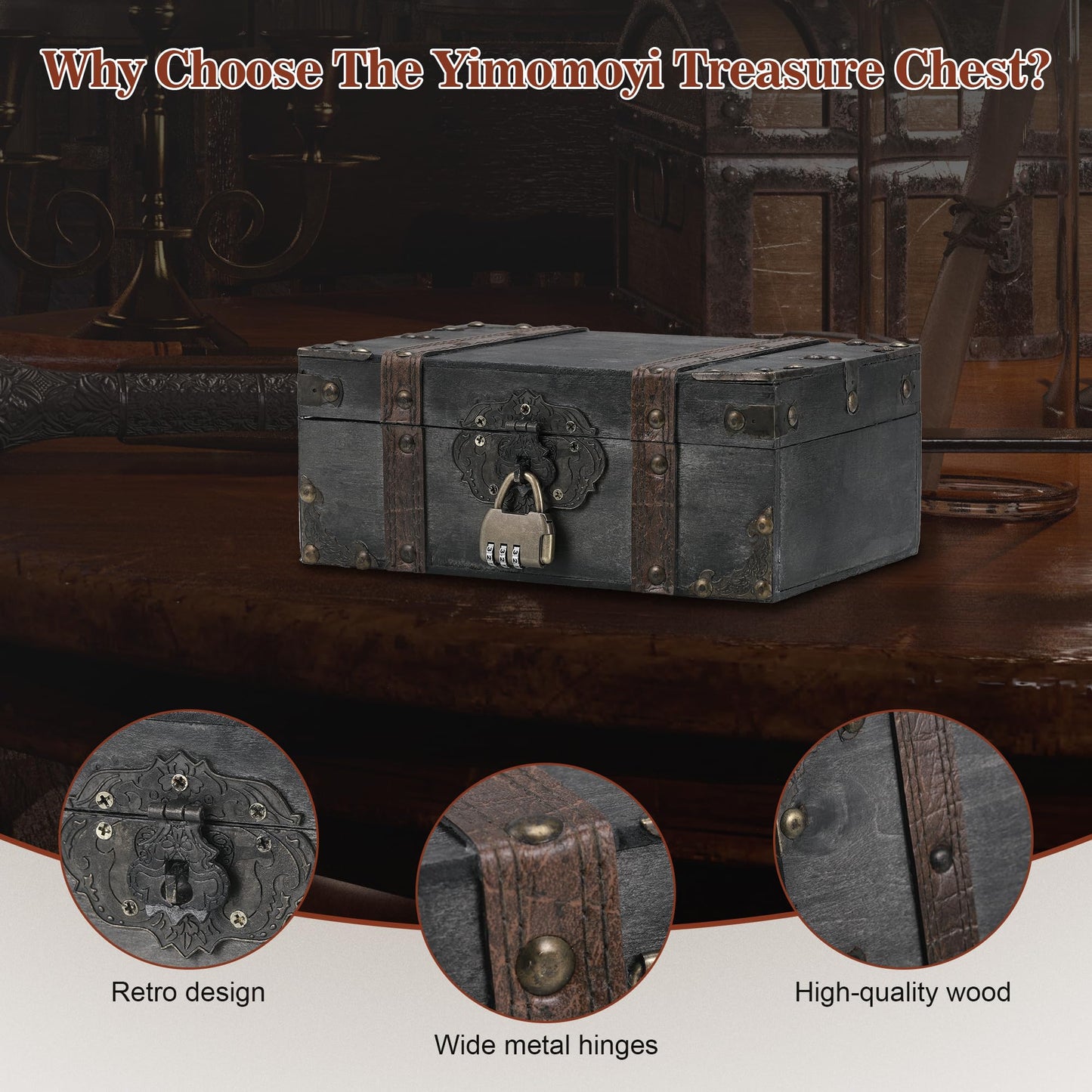 Pirate Treasure Chest, Wooden Treasure Chest with Lock, 23.5x16x10cm