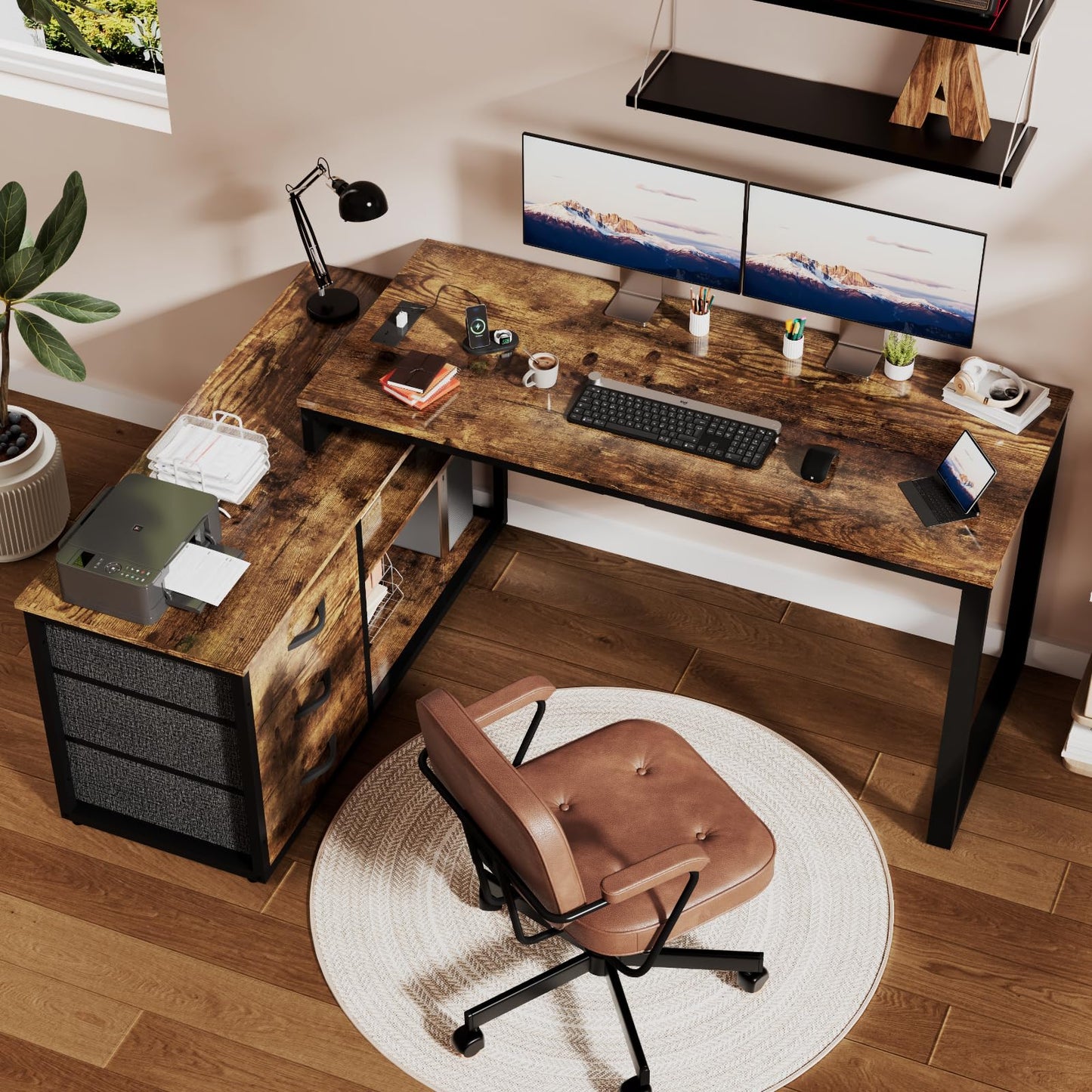 JUMMICO Corner Desk with 3 Drawers, Reversible L Shaped Computer Desk 140x105cm with Extra Storage Space,Office Desks with Power Outlet,Adjustable