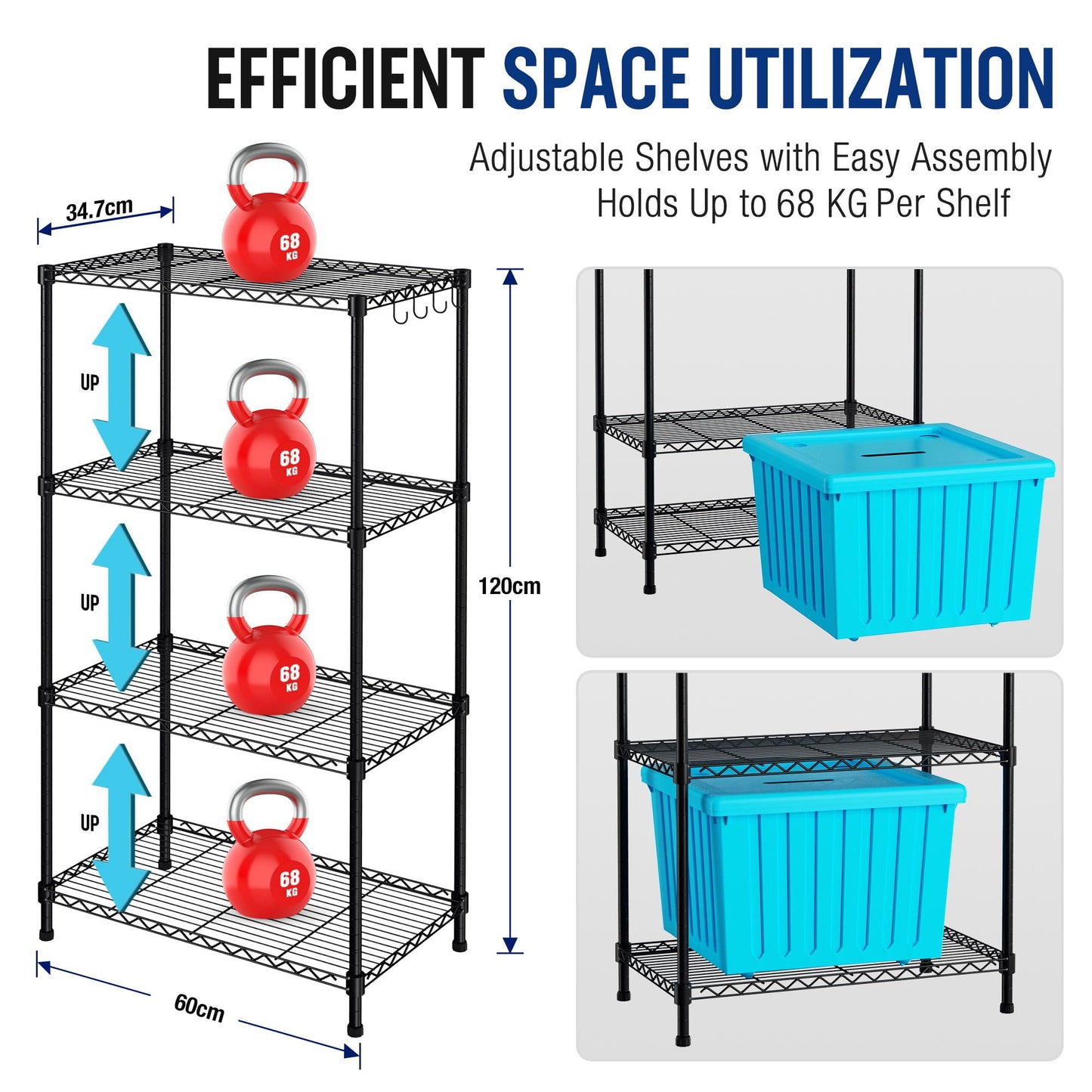 WORKPRO 4-Tier Metal Shelving Unit with 4 Hooks | Height Adjustable Storage Unit with Leveling Feet | Free Standing Shelf Units - 272KG Max-Weight |