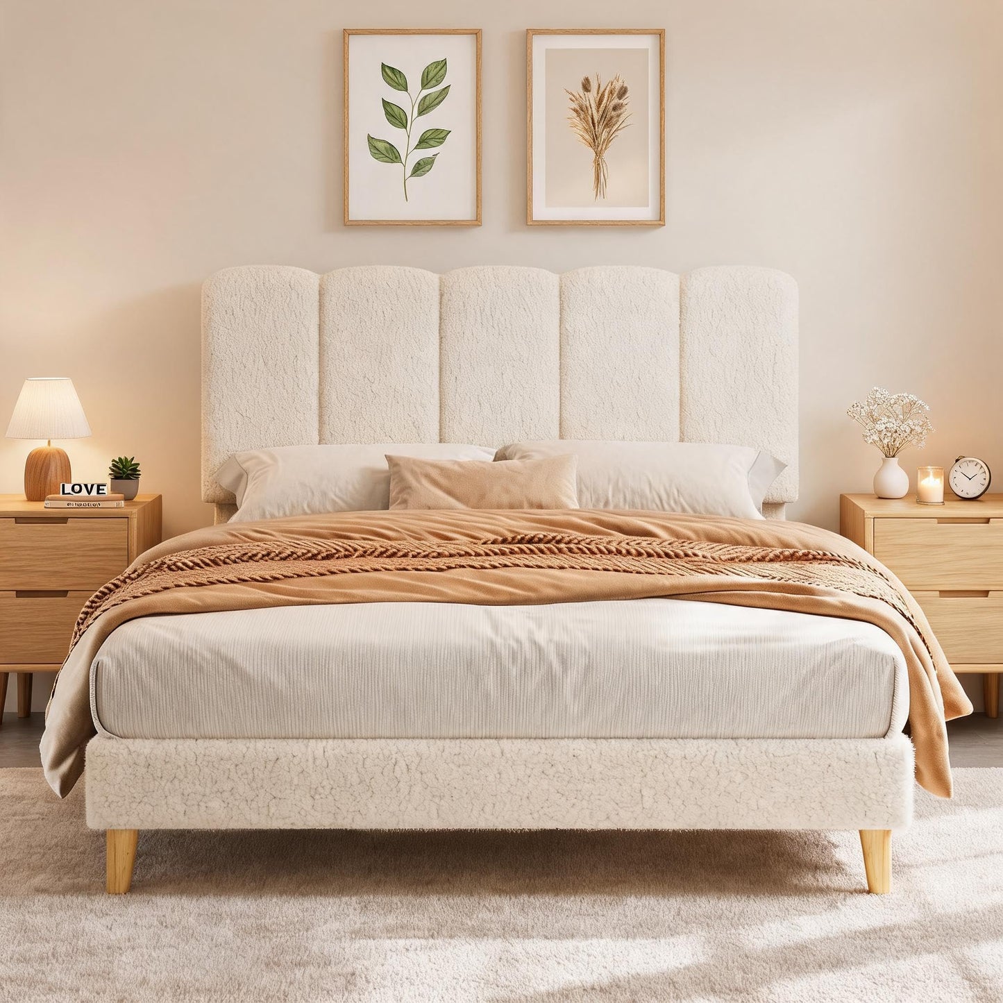 Crevyteg Modern Bouclé Upholstered Double Bed Frame 4ft6 135x190cm, Adjustable Wave Headboard, Sturdy Wooden Slats, Underbed Storage, Easy Assembly