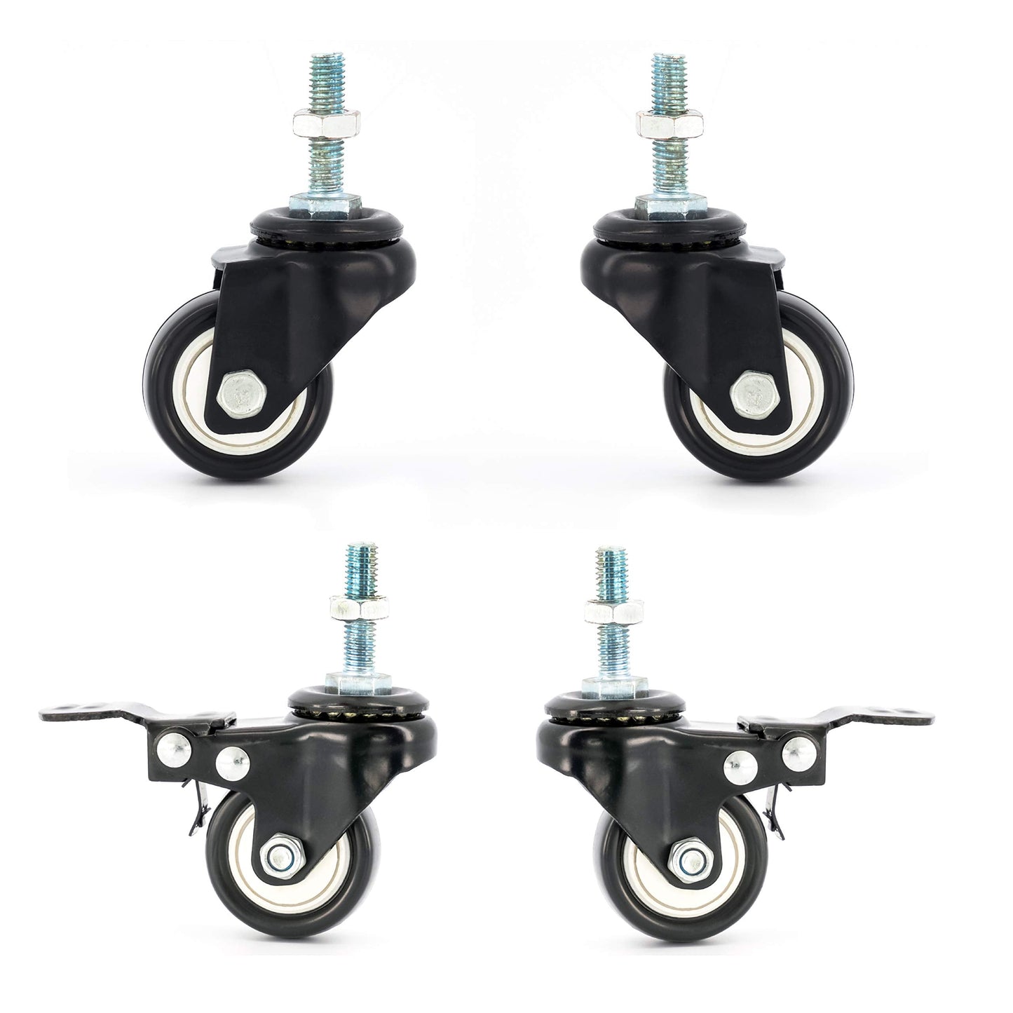4 x Castor Wheels by FPM Direct Heavy Duty 200Kg Load Rating 40mm PU Rubber Swivel Castors with Brakes in Black, M8 Thread Fixing Nuts Included Trunk