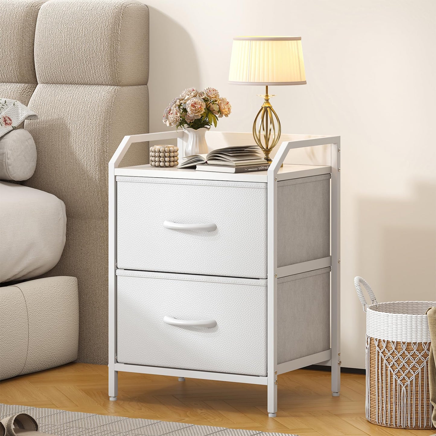 Feonase Bedside Table, Bedroom Bedside Cabinet with 2 Fabric Drawers, Nightstand Side Table for Bedrooms, Living Rooms(White)
