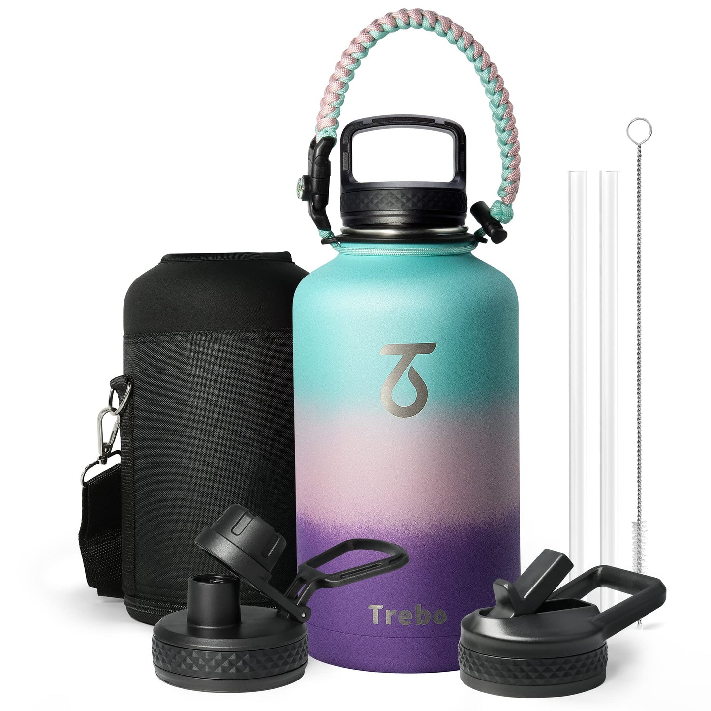 Trebo Stainless Steel Water Bottle 2L, Wide Mouth Insulated Water Bottle Double with Paracord Handle Sports Bottle Keep Cold 48 Hours Water Jug with 3