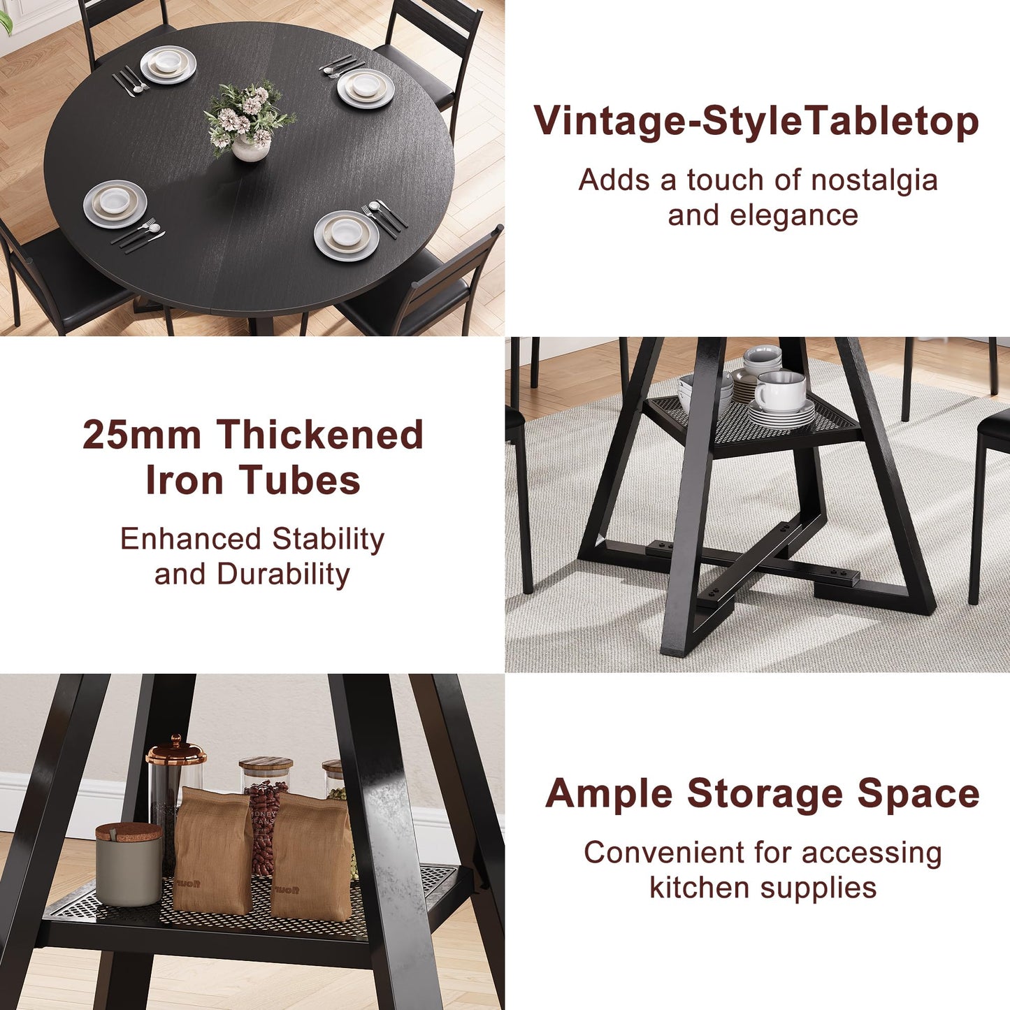 Jocoevol Round Dining Table for 2-4 People, Circle Dinner Table with Shelves, Space Saving Wood Kitchen & Dining Room Furniture (Black, 42 inch