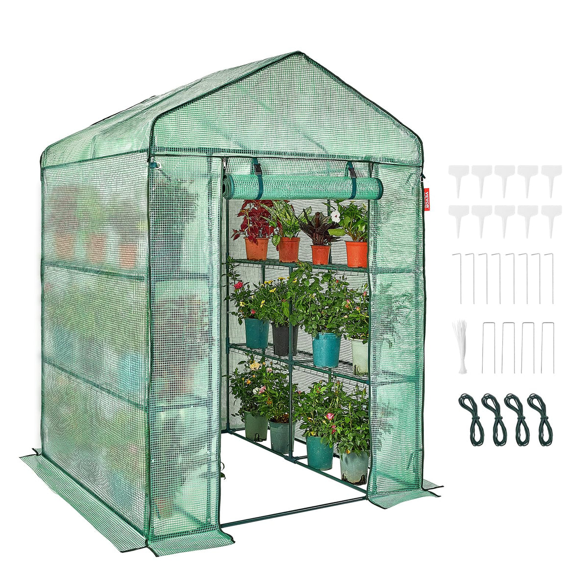 VEVOR Walk-in Green House, 4.6 x 4.6 x 6.6 ft Greenhouse with Shelves, Set Up in Minutes, High Strength PE Cover with Door & Windows and Steel Frame,