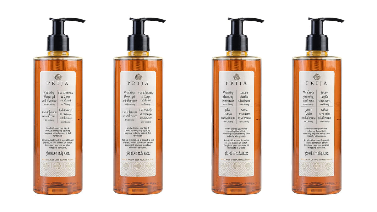 Prija Vitalising Cleansing Hand Wash with Ginseng Extract and Vitalising 2 in 1 Shower Gel and Shampoo Bundle 4 x 380ml
