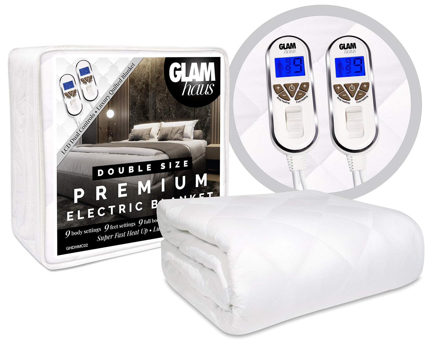 GlamHaus Double Size Electric Blanket - Fitted Mattress Bed Cover - Premium White Diamond Quilted - 9 Heat Settings for Feet and Body, Timer, Dual