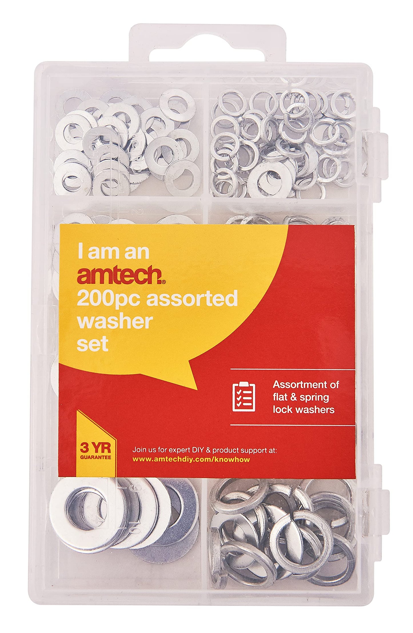 Amtech S5850 Assorted Washers, 200 Pieces Include Flat Washers and Lock Washers, M5, M6, M8, M10, plus Storage