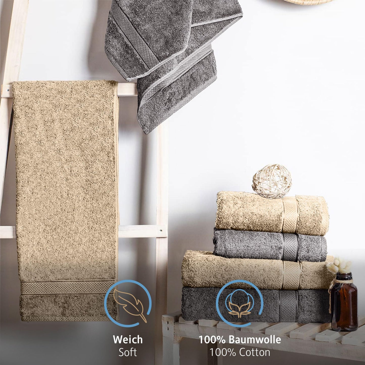 Komfortec Set of 8 Hand Towels 50 x 100 cm 100% Cotton Terry Towelling Soft Anthracite Grey/Beige