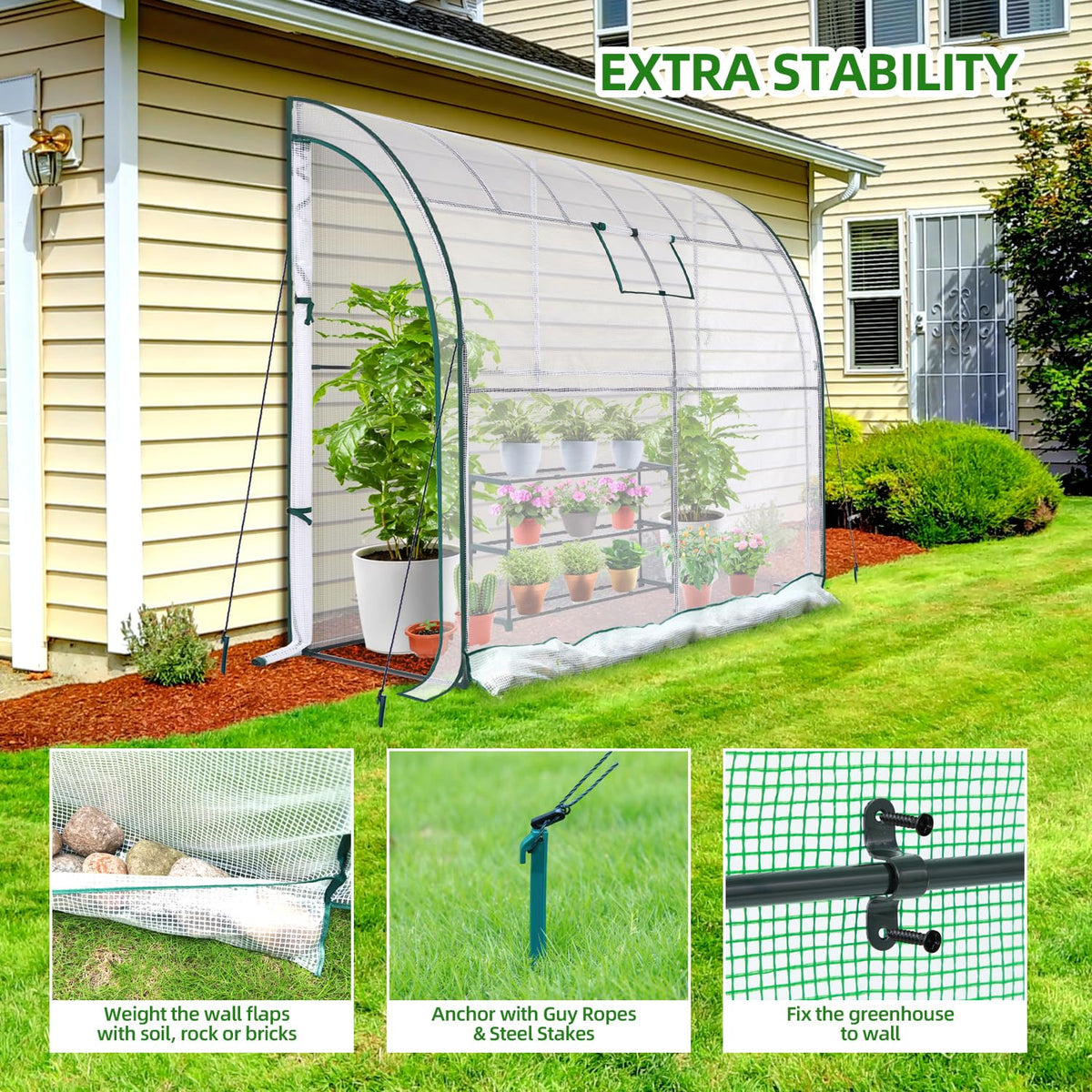 Lean to Greenhouse with Greenhouse Shelving: Ohuhu Portable Walk-in Green House with Mesh Windows 200x100x210 cm Reinforced Lean-to Wall Greenhouses