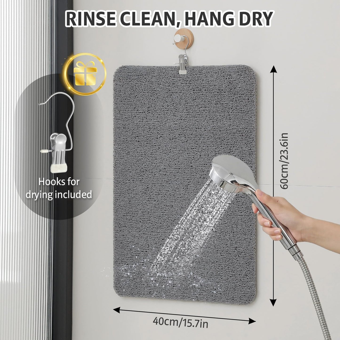 XIYUNTE Soft Shower Mat Non Slip Anti Mould, 60 x 40 cm, INCL. Hooks for Drying, PVC Bath Mat Non Slip Anti Mould