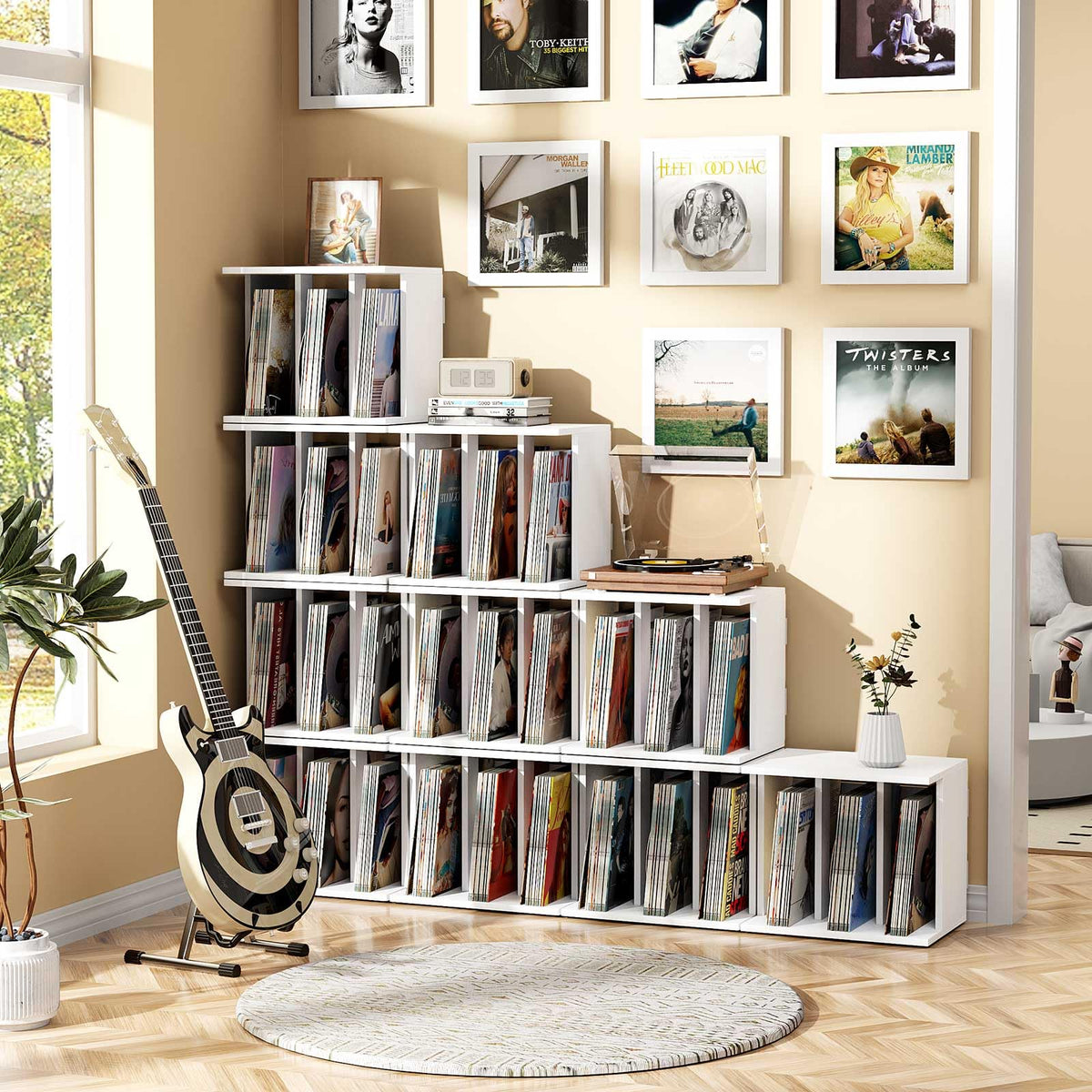 Emfogoo Vinyl Record Storage Wall Mounted Holds 100 LP Albums, 3-Tier Organizer Cabinet with Wall Mount