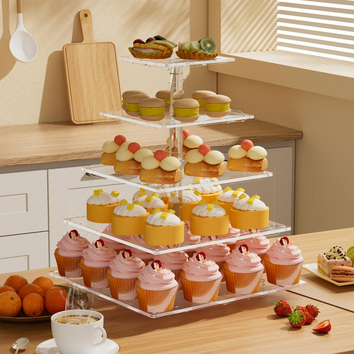 weddingwish 5 Tier Acrylic Cupcake Stand with LED Light, Clear Cupcake Stand for 50 Cupcakes, Cupcake Holder Tower Dessert Table Display Set for