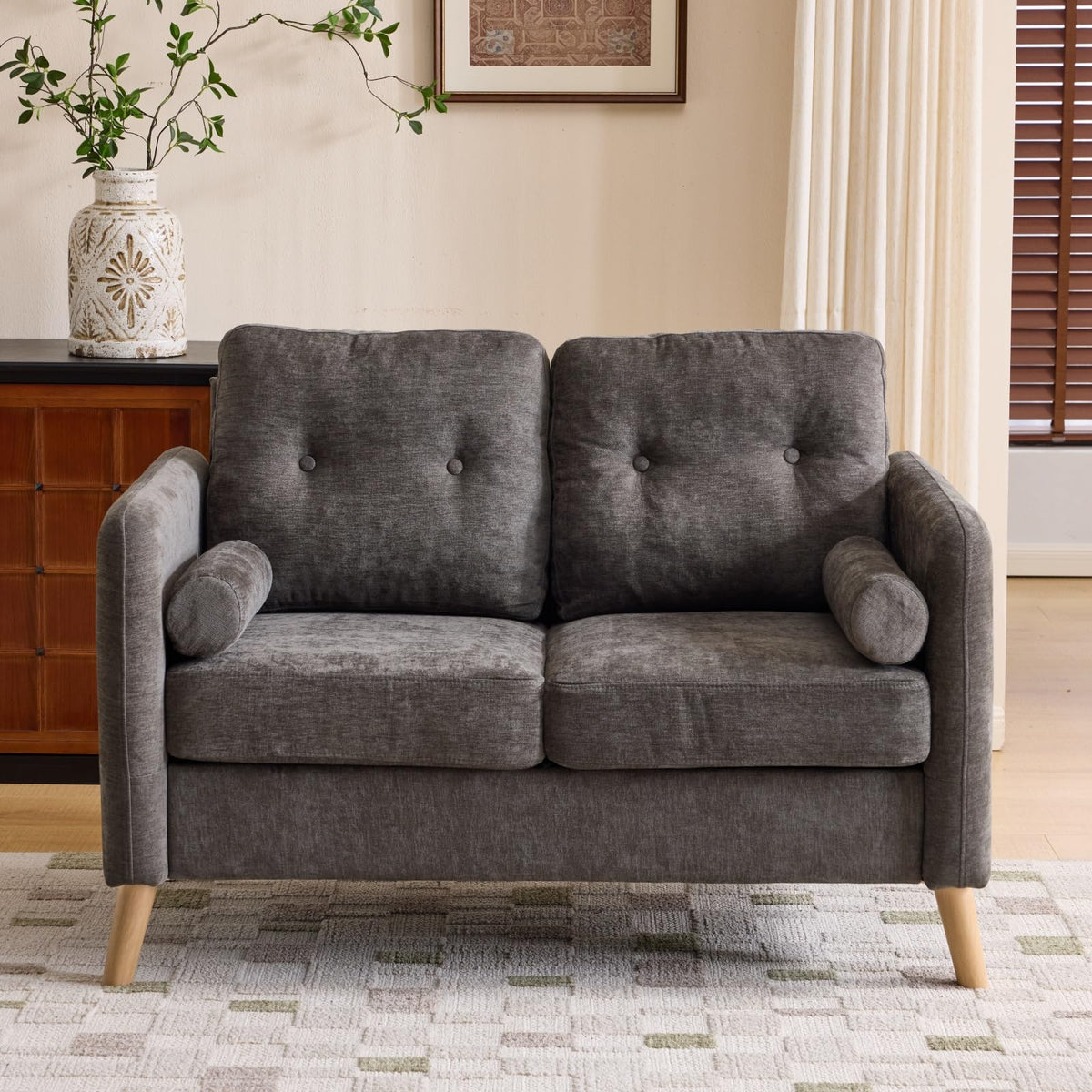 VINGLI 2 Seater Sofa, Small Sofa with Thicken Cushion and Pillows,Deep Grey