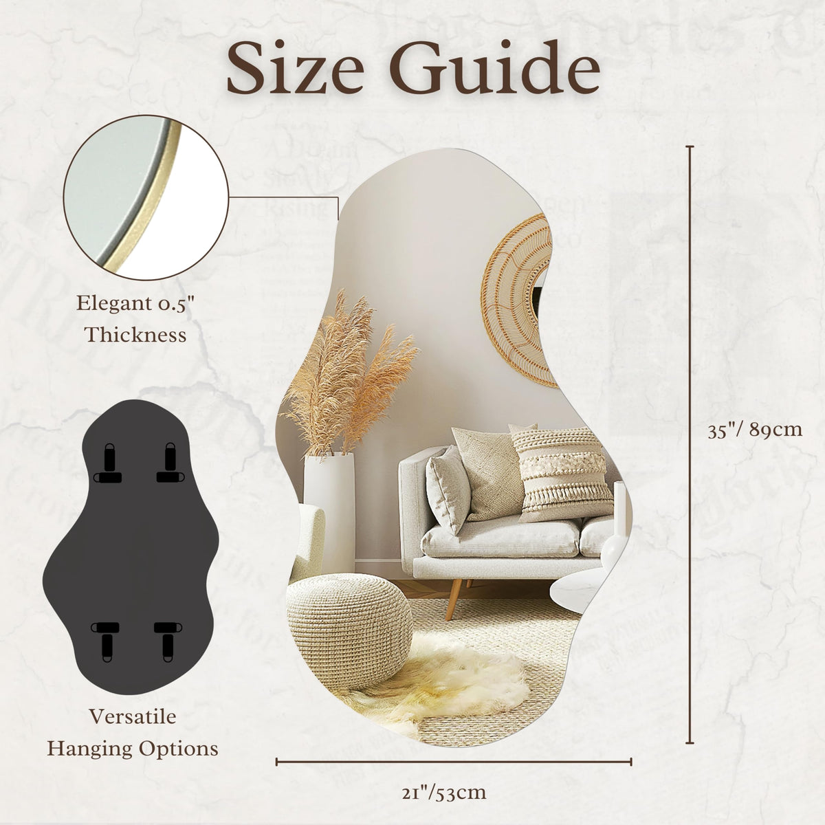 PERFNIQUE Irregular Wall Mirror Asymmetrical Mirror, 89 x 53cm Decorative Modern Mirror for Bathroom Bedroom Living Room Entryway, Cloud Frameless