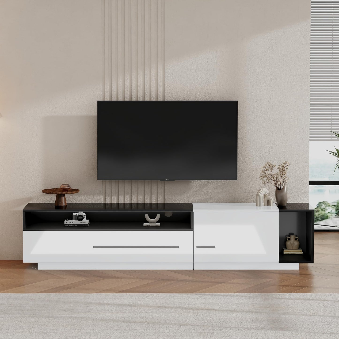 Ball & Cast Modern TV Cabinet with 1 Door, 1 Drawer and 2 Closed Storage Spaces, High Gloss TV Stand for TV up to 70 Inch, 170x38x42cm