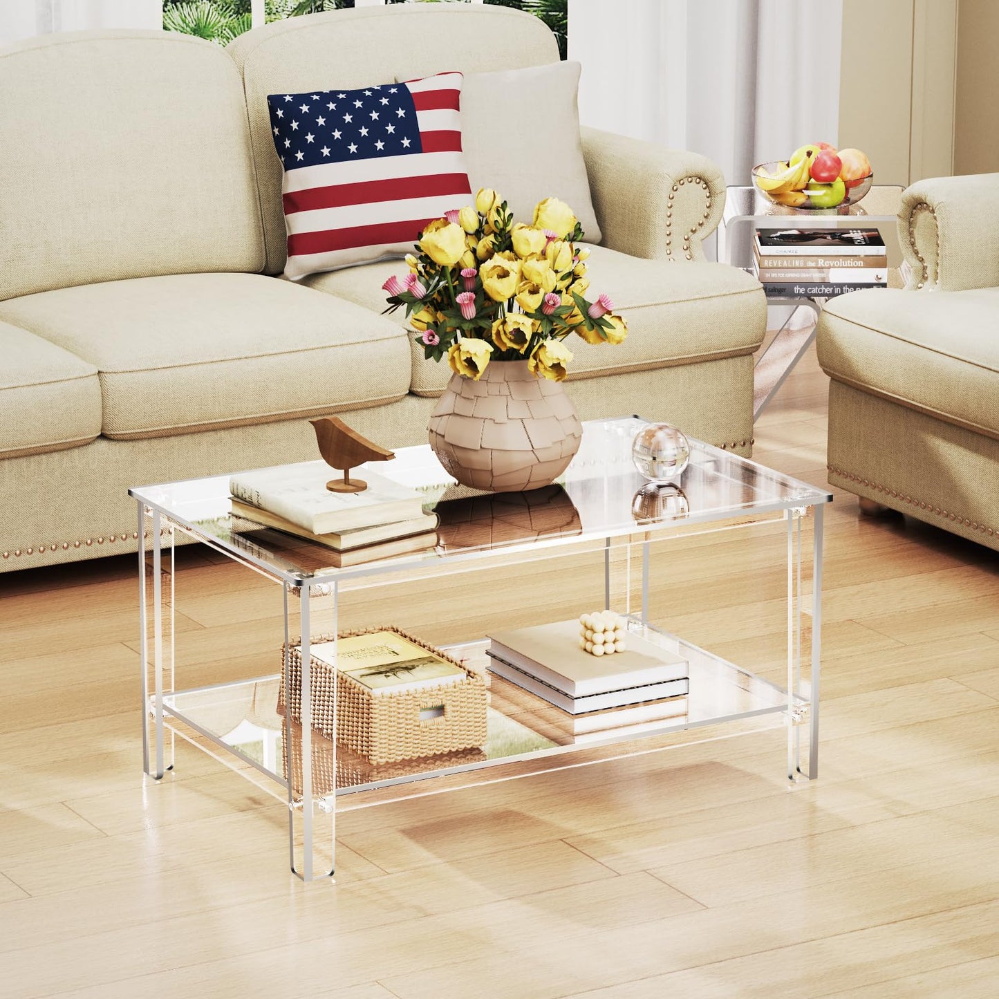 solaround Acrylic Coffee Table, with 2-Tier Open Storage Shelf, Space-saving Tea Tables for Living Room, Clear, 80 x 50 x 40 cm