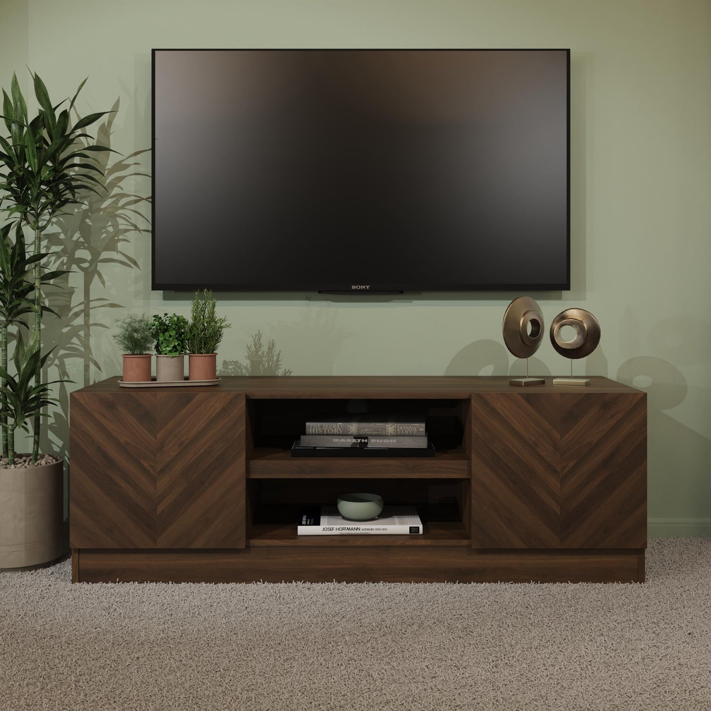 GFW Catania 2 Door TV Unit, Royal Walnut TV Cabinet with Herringbone Wood Grain Finish, Modern Entertainment Unit with Open Storage