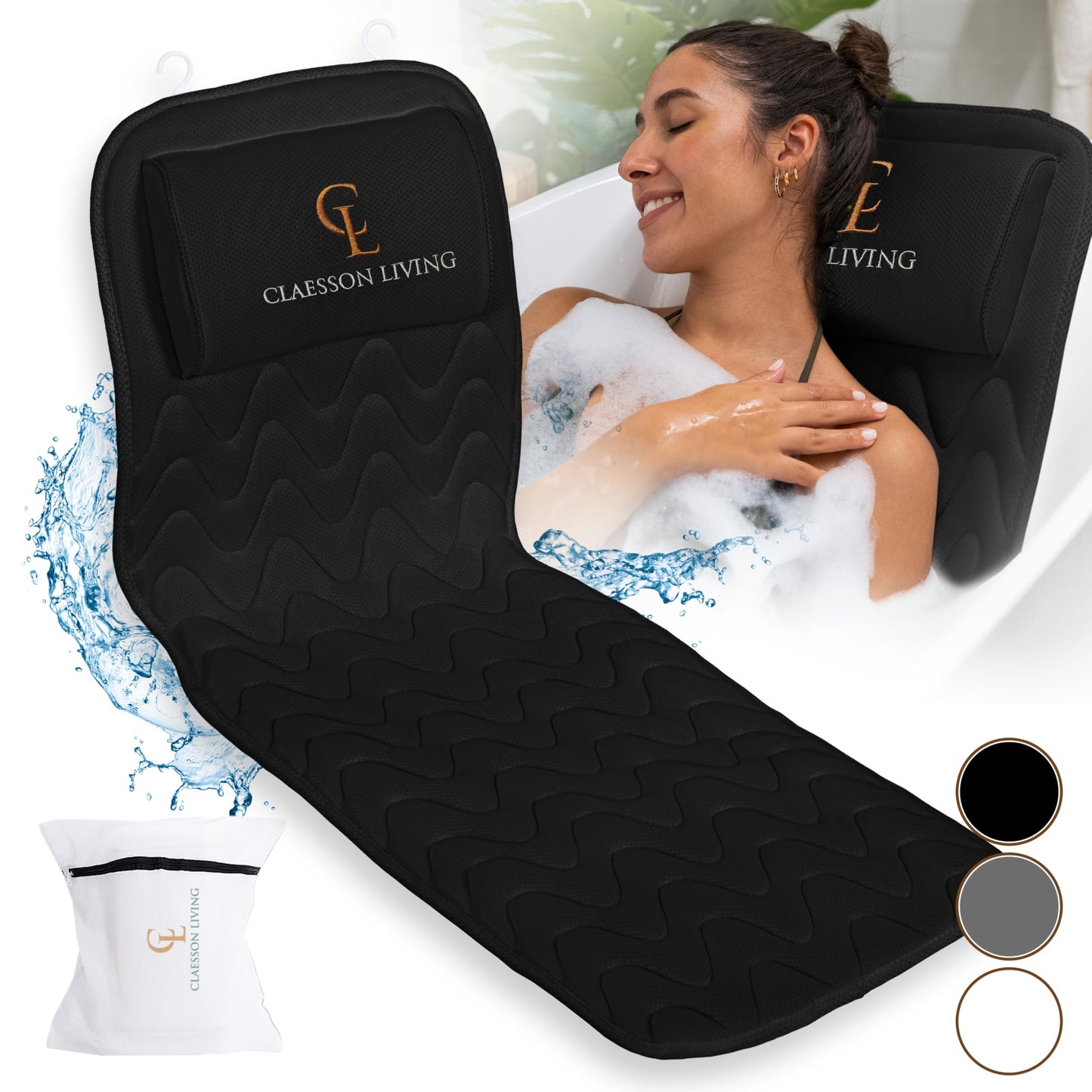 Claessonliving Full-Body Bath Pillow (17'' x 49'') - Bathtub Cushion with Headrest Supports Neck, Back and Legs - Free Hanging Hooks for Fast Drying