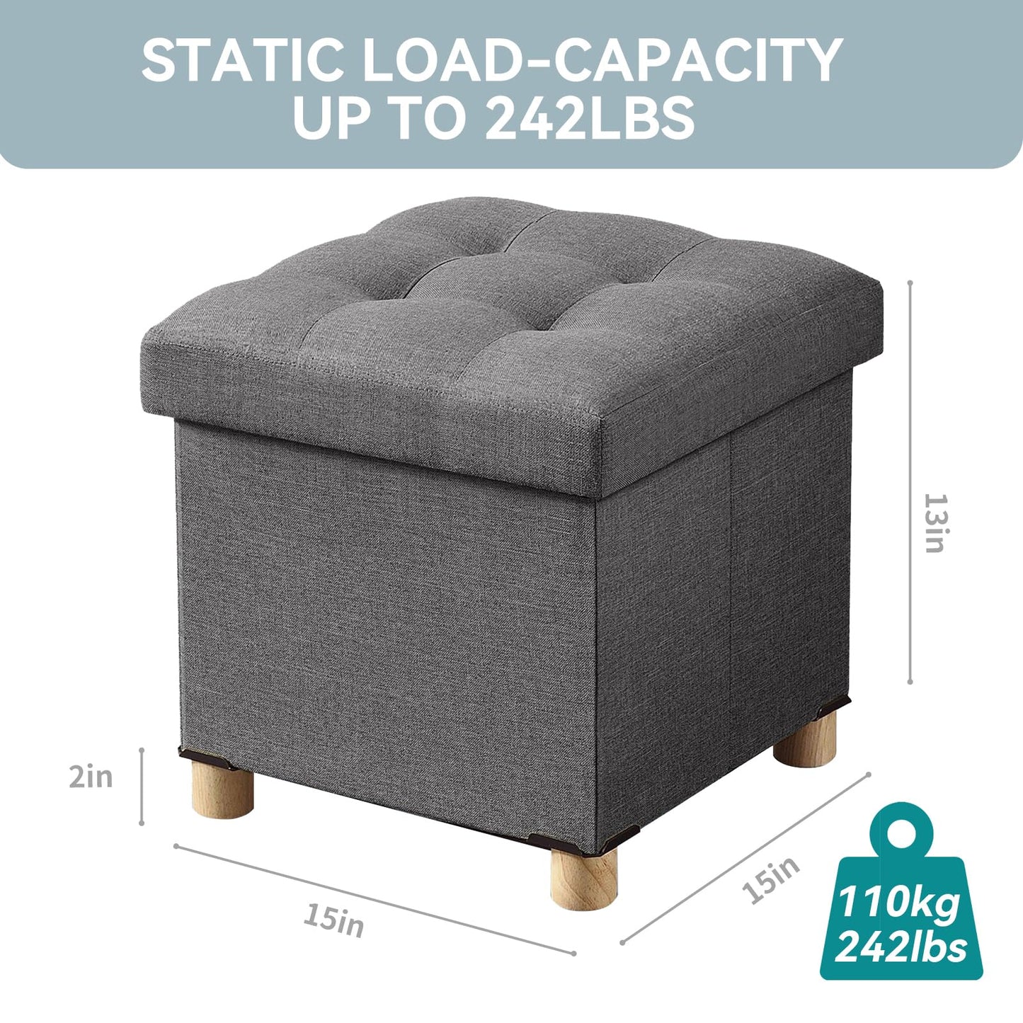 BRIAN & DANY Folding Storage Ottoman with Wood Legs, Linen Foot Stool, Storage Chest with Highly Elastic Sponge Filling, Gray, 38 x 38 x 38 cm