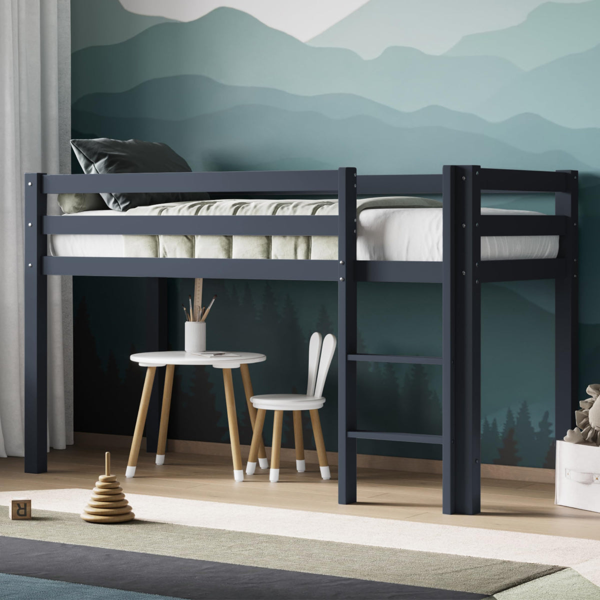 Flair Furnishings Kids Mid Sleeper Bed with Storage, Cabin Bed, Heavy Duty and Sturdy, Cosy, Stylish, Space Saving Design (Grey)