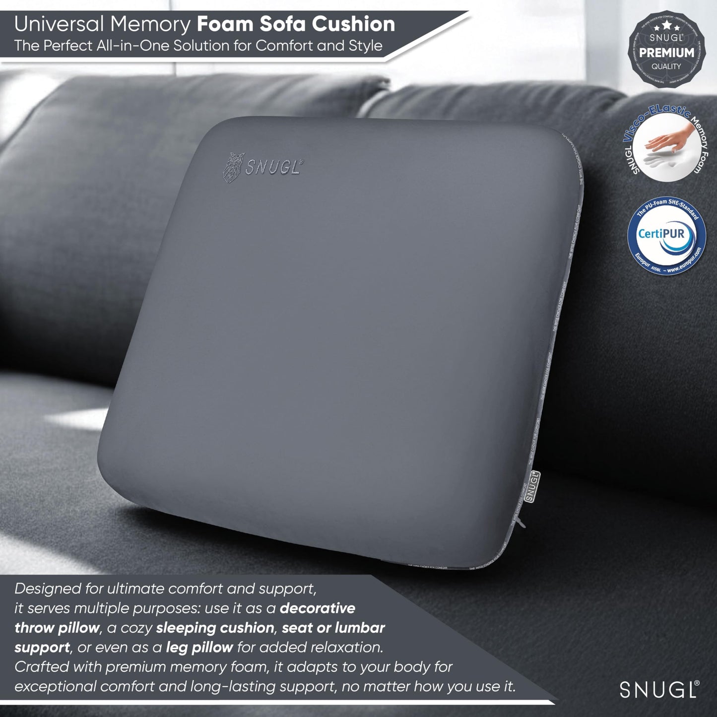 SNUGL Memory Foam Sofa Cushion with Shape Retention ? Hypoallergenic Velvet, Supportive Visco-Elastic Foam, Removable & Washable Cover, Perfect for