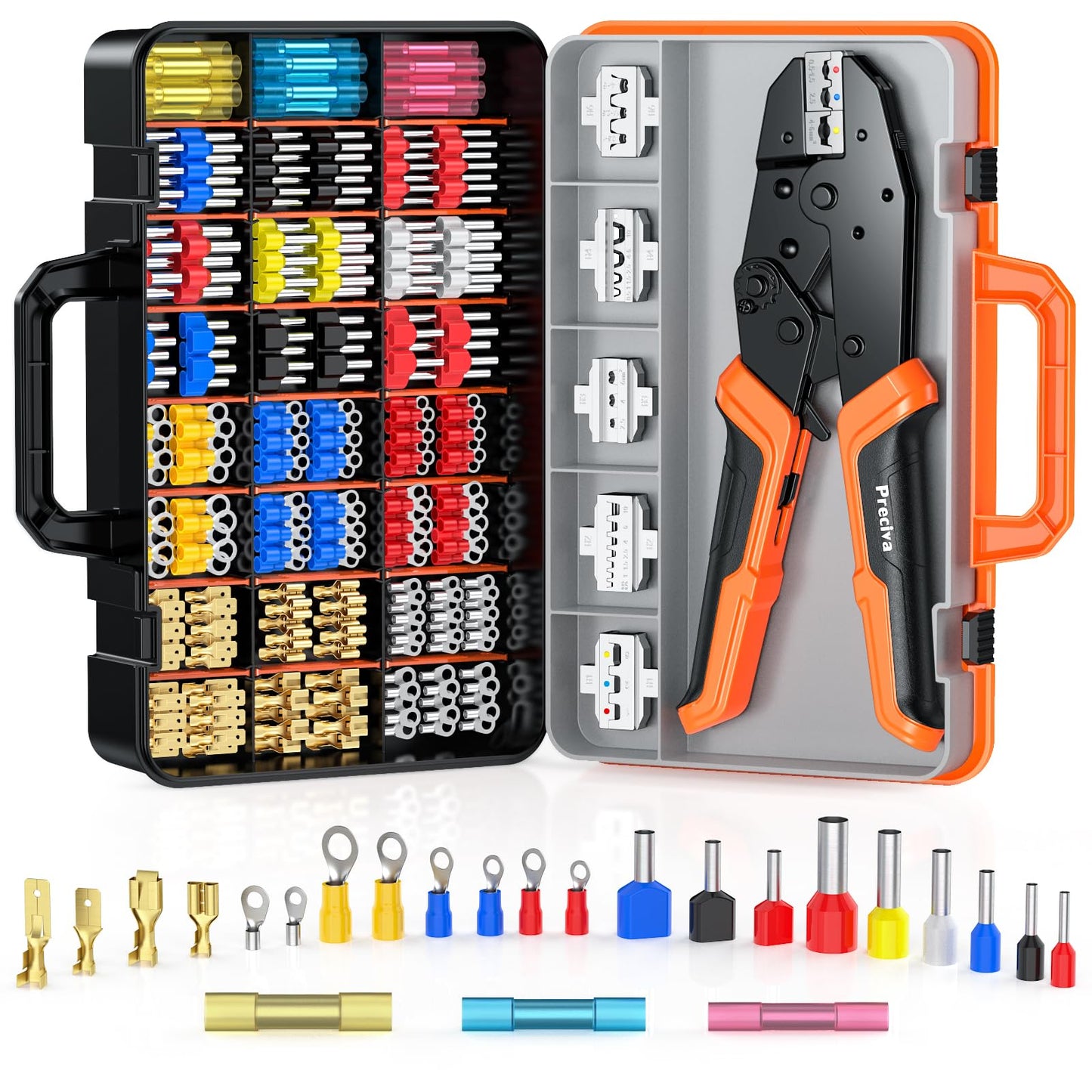 Crimping Pliers Set with Box,Preciva 0.25-10m? Ratcheting Wire Crimper Tool Set for Heat Shrink,395PCS Ferrule Terminals with 6 Heads for Quick Change