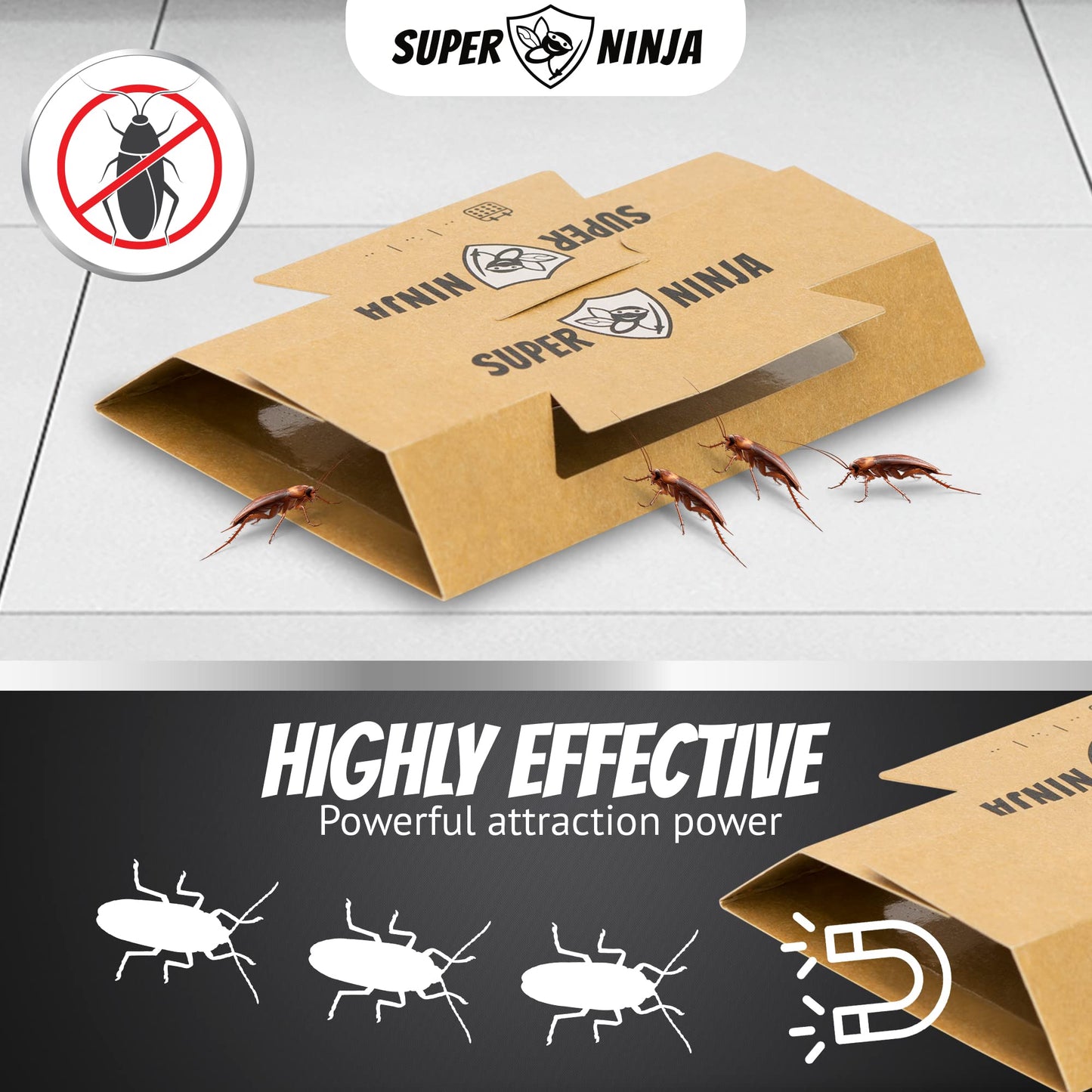 Super Ninja Cockroaches Killer - 60 Traps - Highly Effective and Ecological Cockroach Trap - User Friendly - Up to 3 Months per Trap