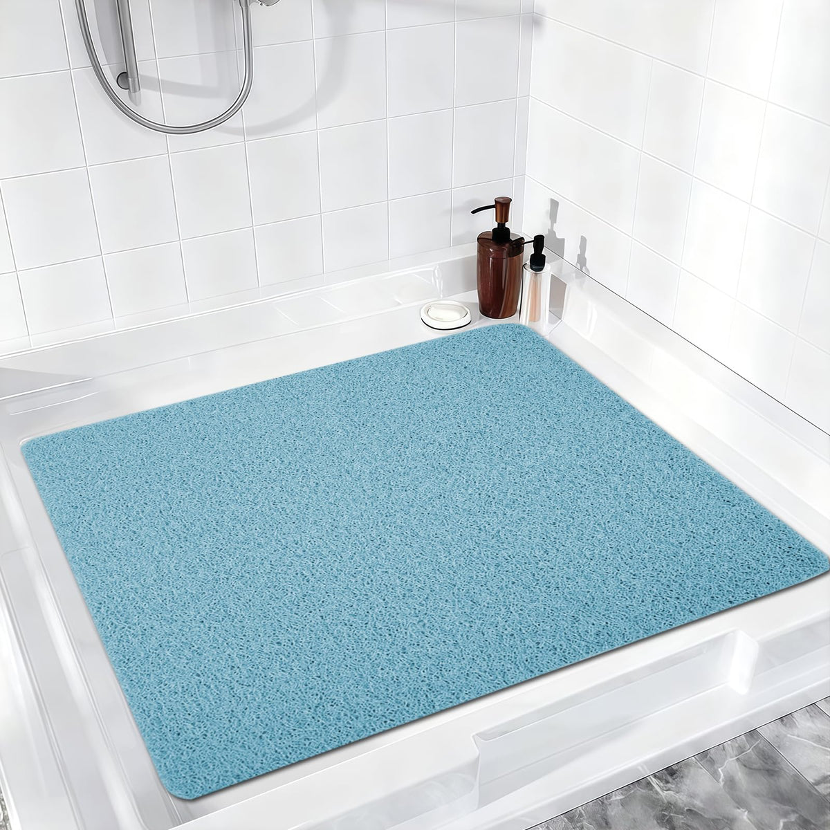Square Shower Mat Non Slip Anti Mould, 60 x 60 cm Loofah Shower Mats for Inside Shower, Soft Bath Mat with Drain for Elderly, Quick Dry Bathroom Floor